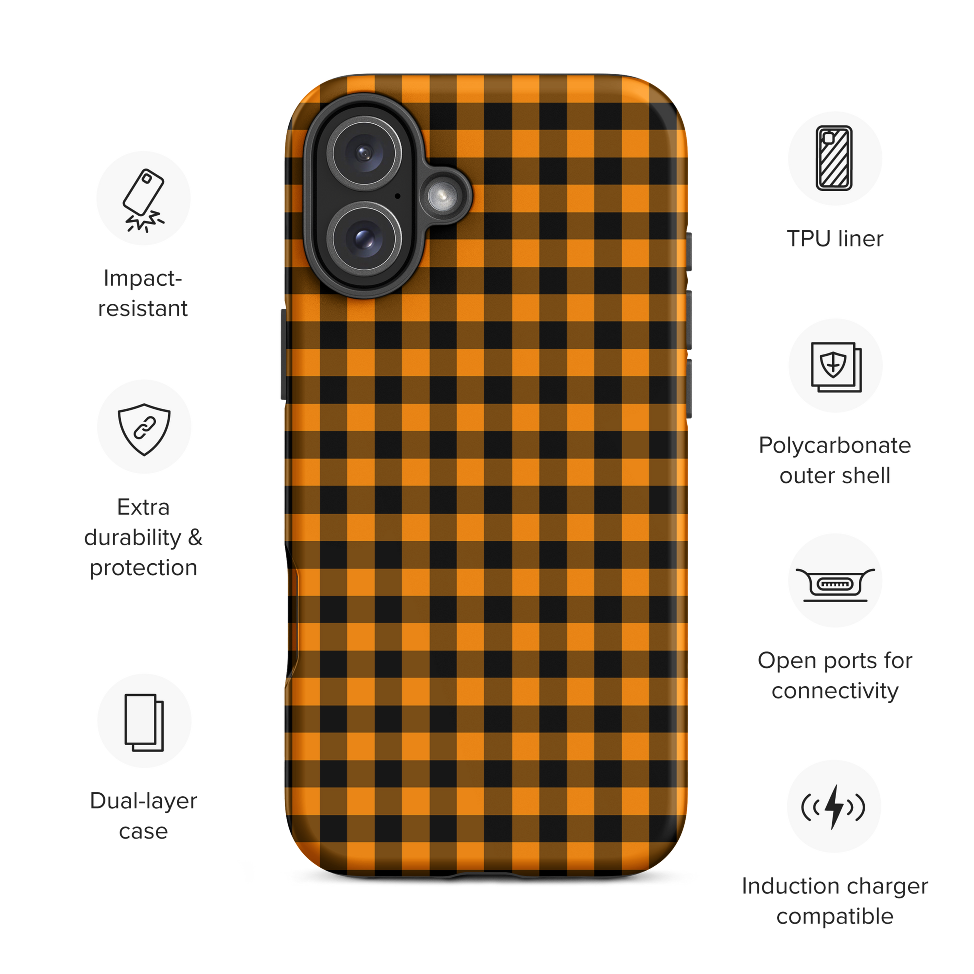 Black-and-orange gingham phone case for iPhone with autumn theme, showing durability and sleek design. Perfect accessory for style and protection.