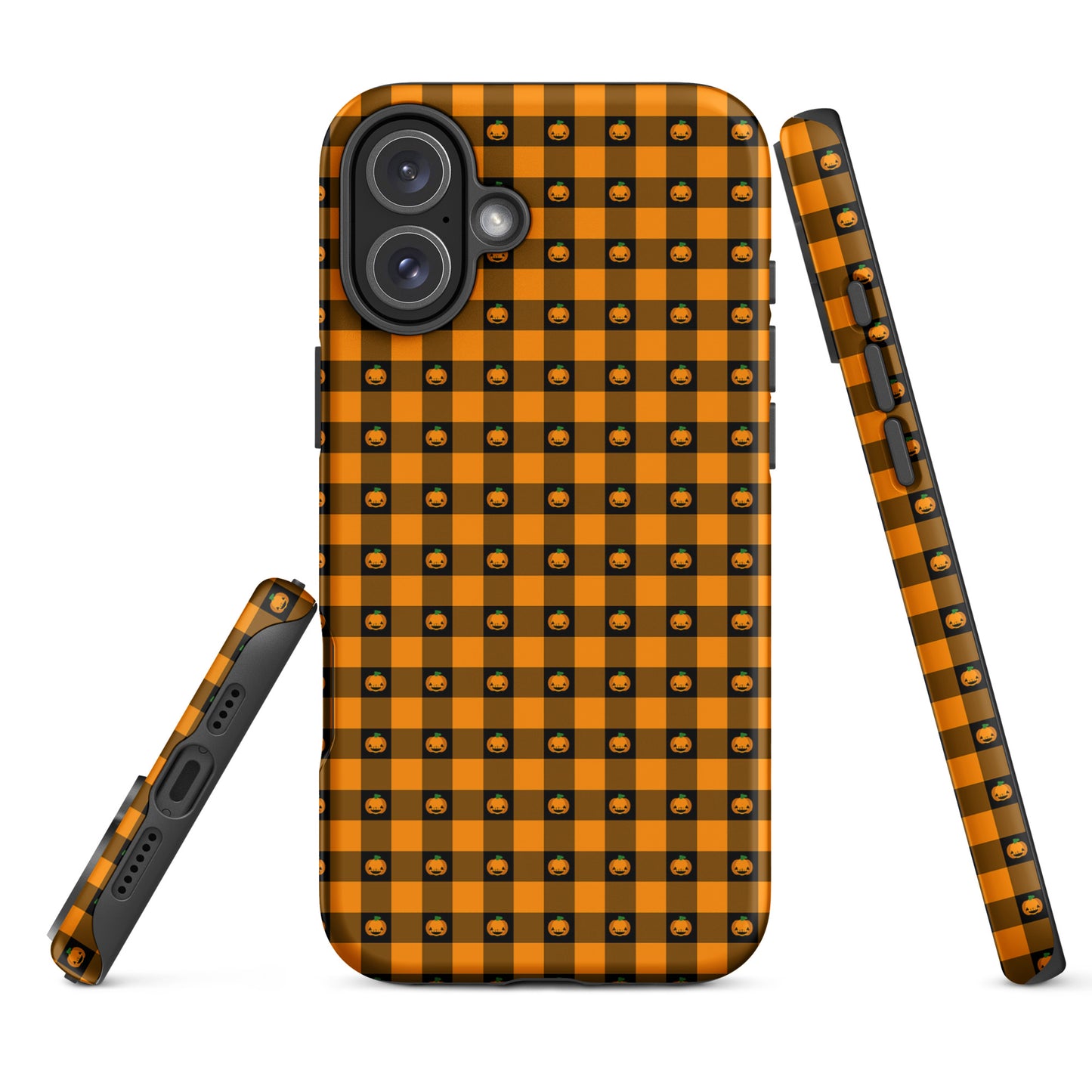 Phone Case for iPhone with playful pumpkin gingham Halloween design on festive orange and black pattern.