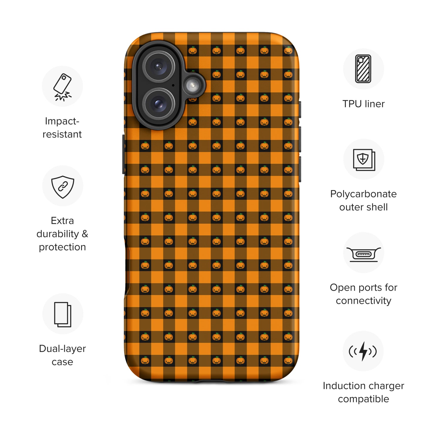 Phone Case for iPhone with pumpkin gingham Halloween design, featuring impact-resistant dual-layer protection and open connectivity ports.