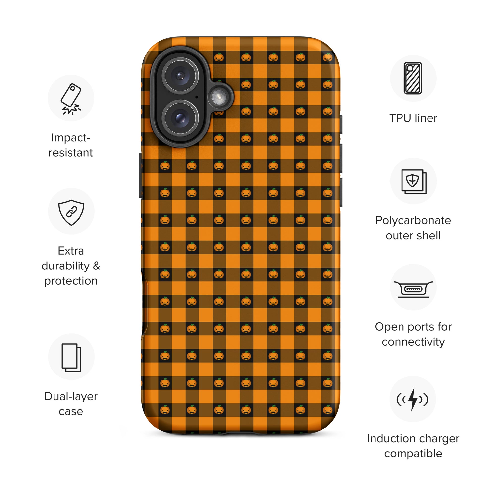 Phone Case for iPhone with pumpkin gingham Halloween design, featuring impact-resistant dual-layer protection and open connectivity ports.
