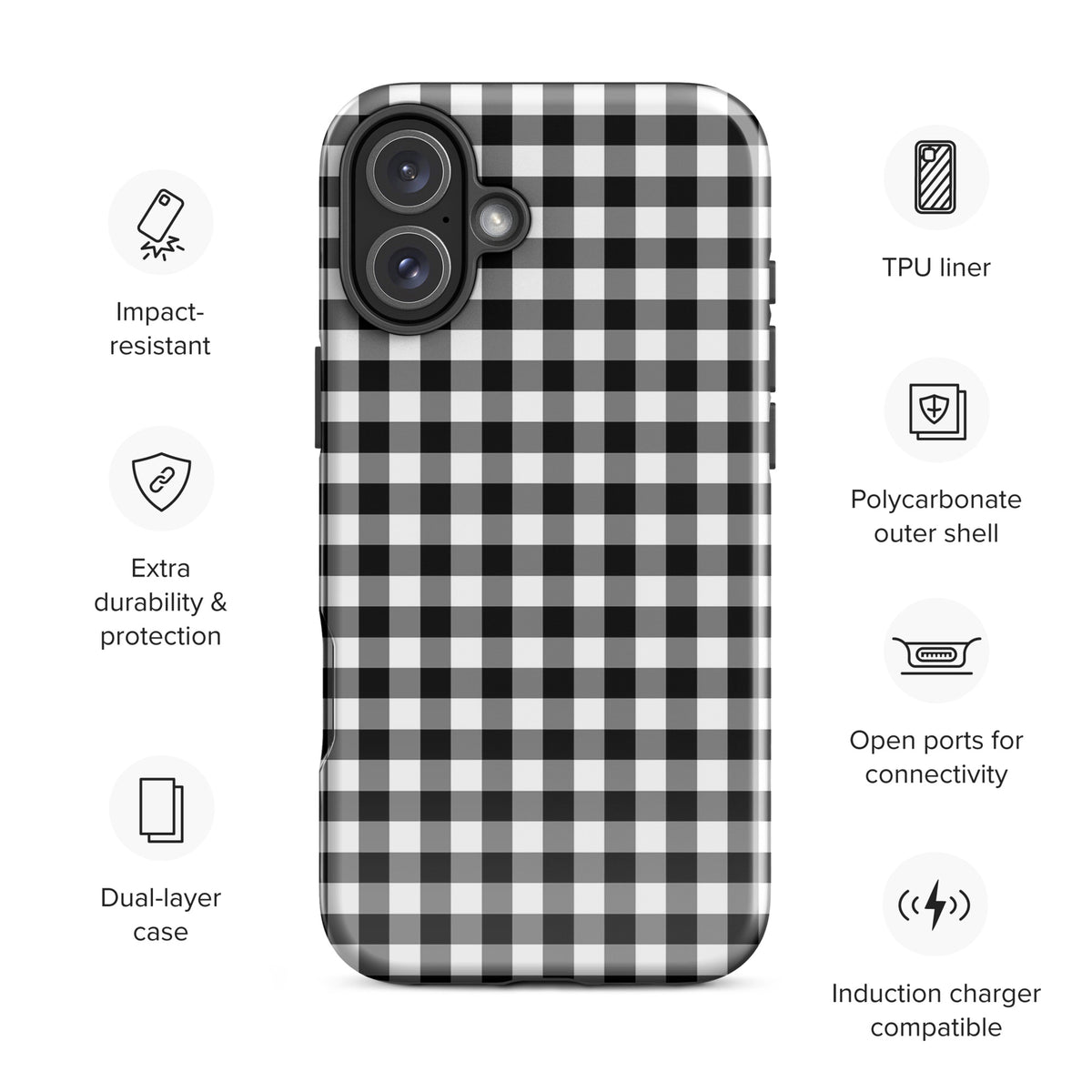 Phone Case for iPhone with black and white gingham pattern, impact-resistant, dual-layer design for durability and style.