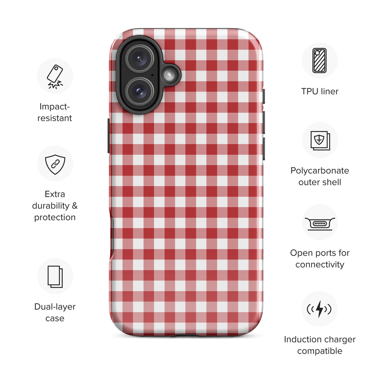 Phone Case for iPhone with red and white gingham pattern, offering impact resistance, polycarbonate protection, and induction charging compatibility.