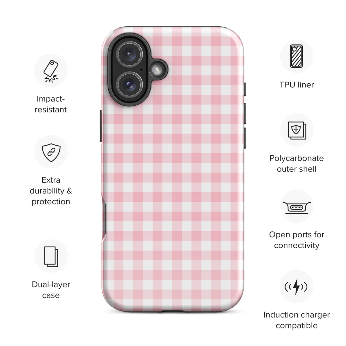 Phone Case with pink gingham pattern for iPhone, showcasing stylish design and protection features like TPU liner and polycarbonate shell.