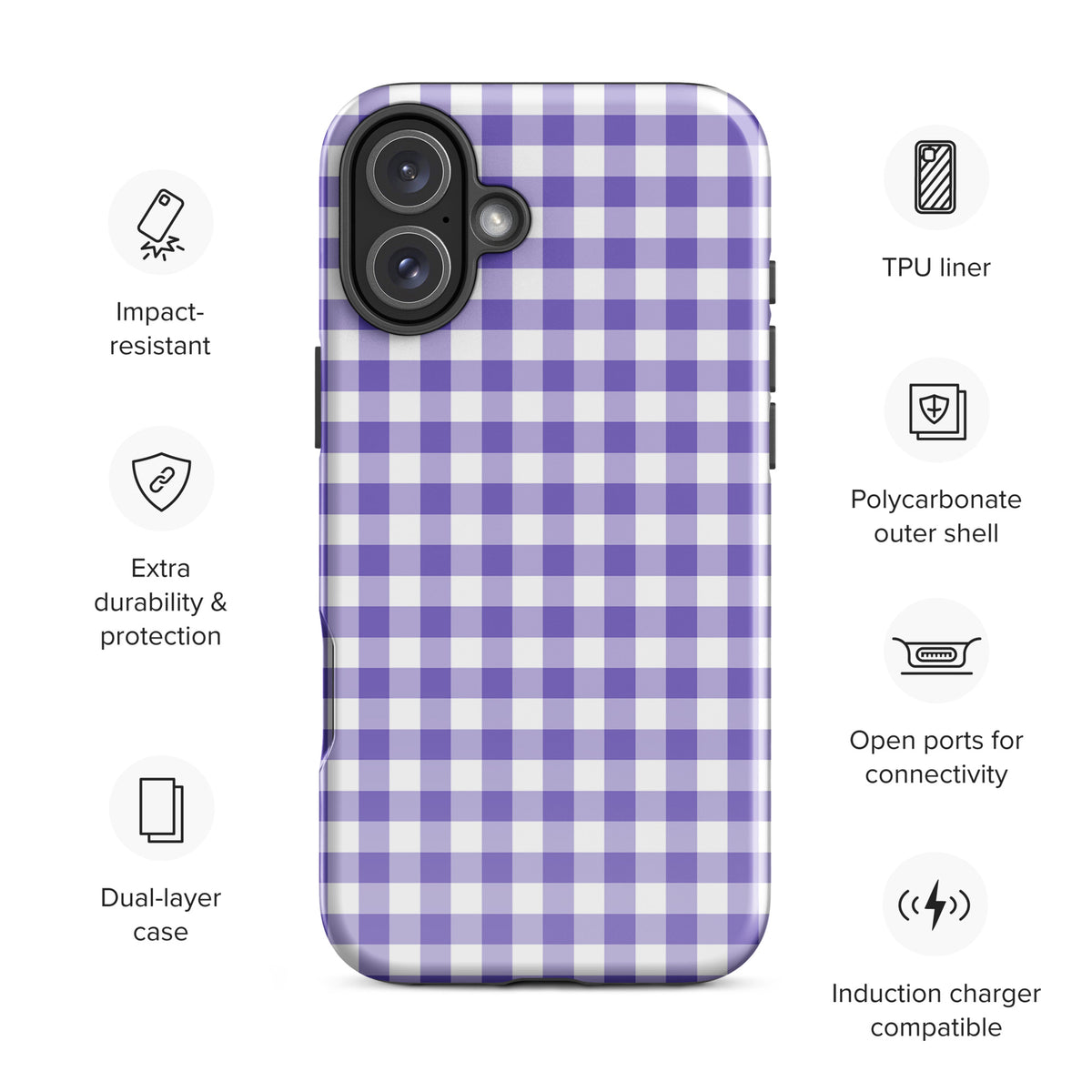 Phone Case for iPhone with purple and white gingham pattern, offering charm and protection, features dual-layer design for durability.