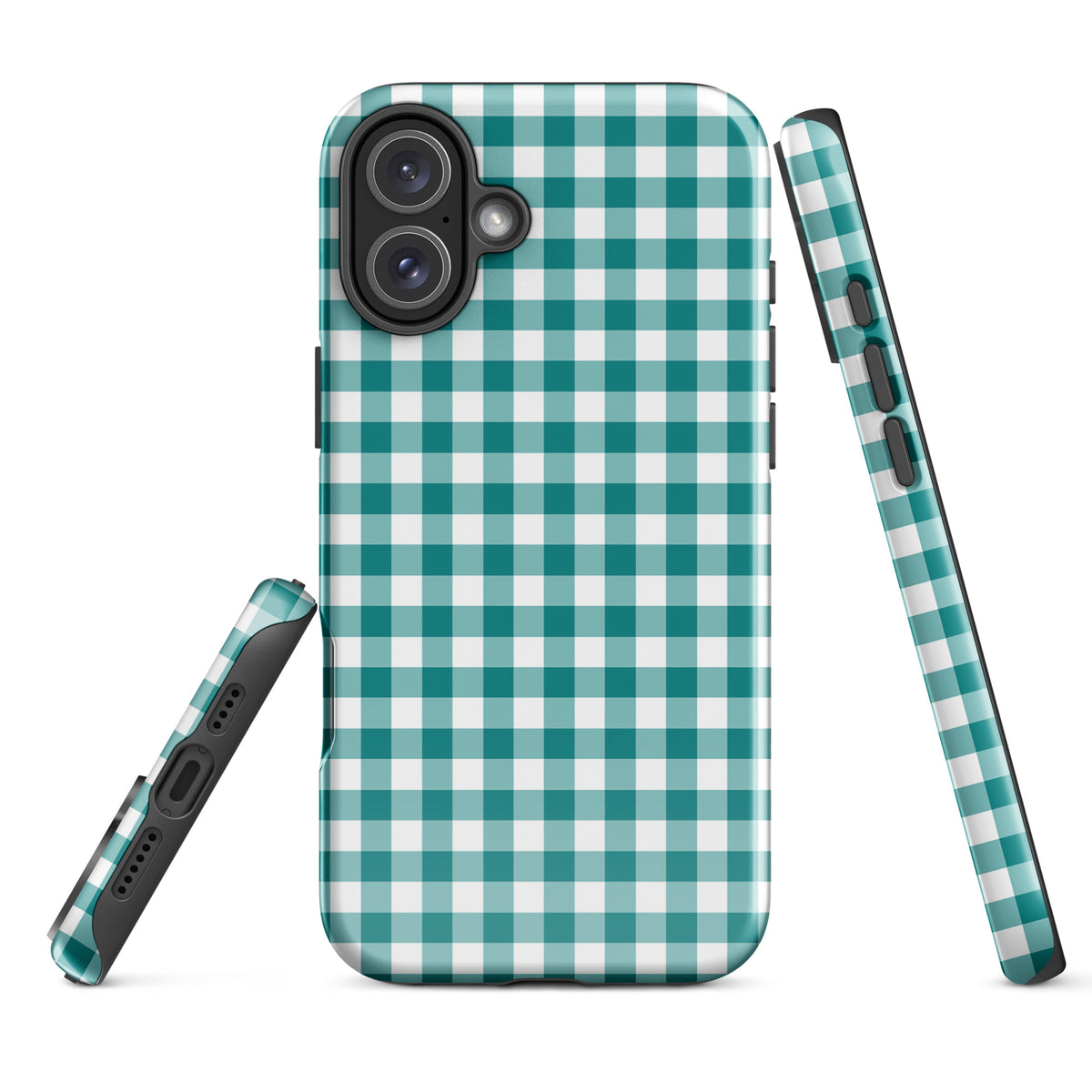 Phone Case for iPhone with teal and white gingham pattern, showcasing stylish protection and luxury design.
