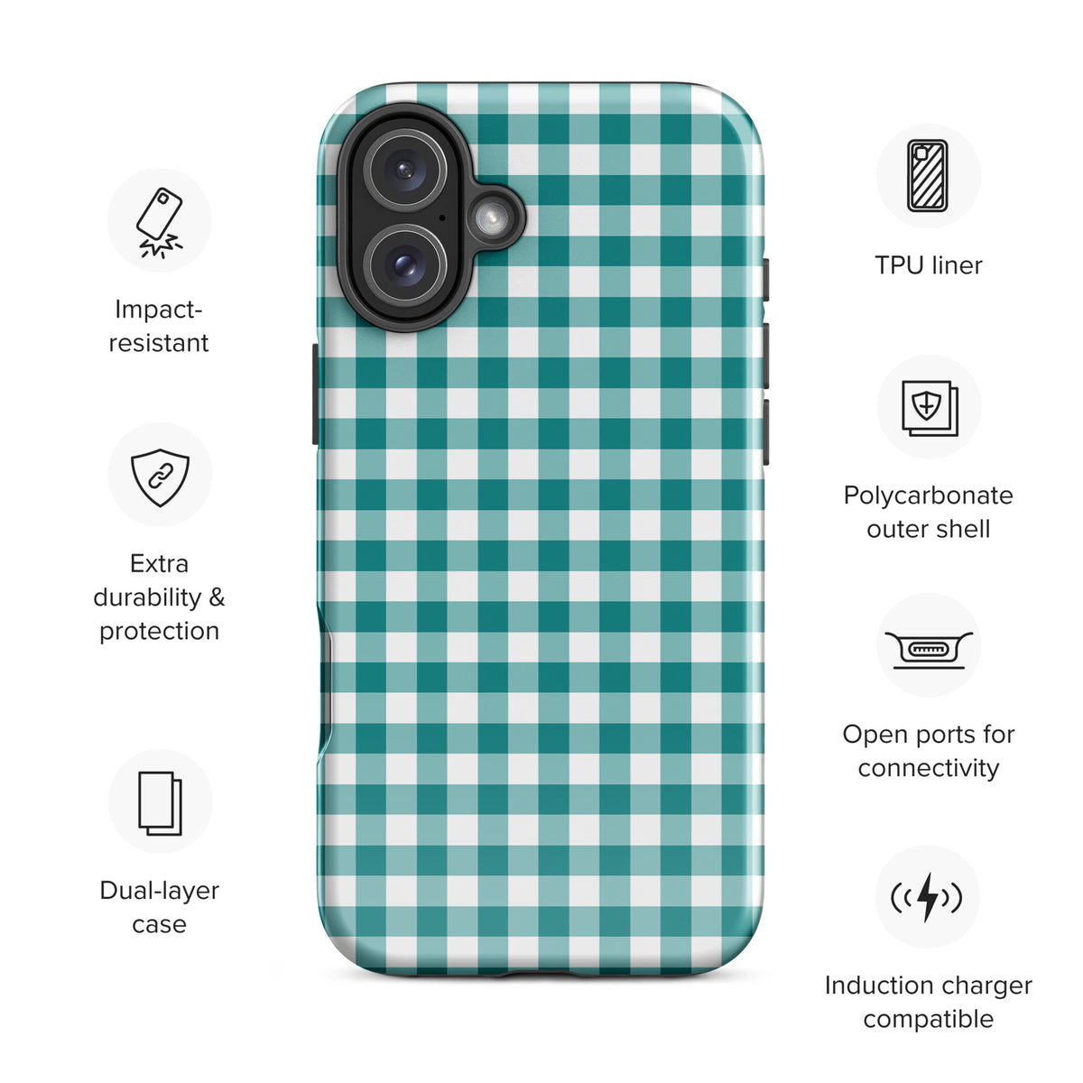 Teal and white gingham Phone Case for iPhone with impact-resistant TPU liner and dual-layer durability features.