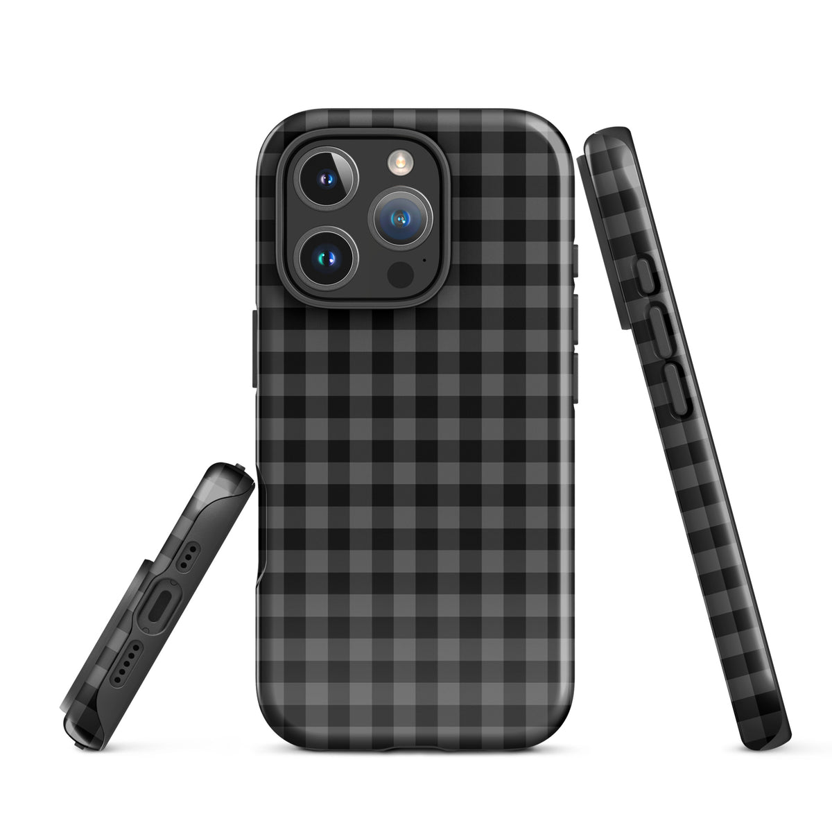 Phone Case for iPhone with black and charcoal gingham pattern, modern style and protection