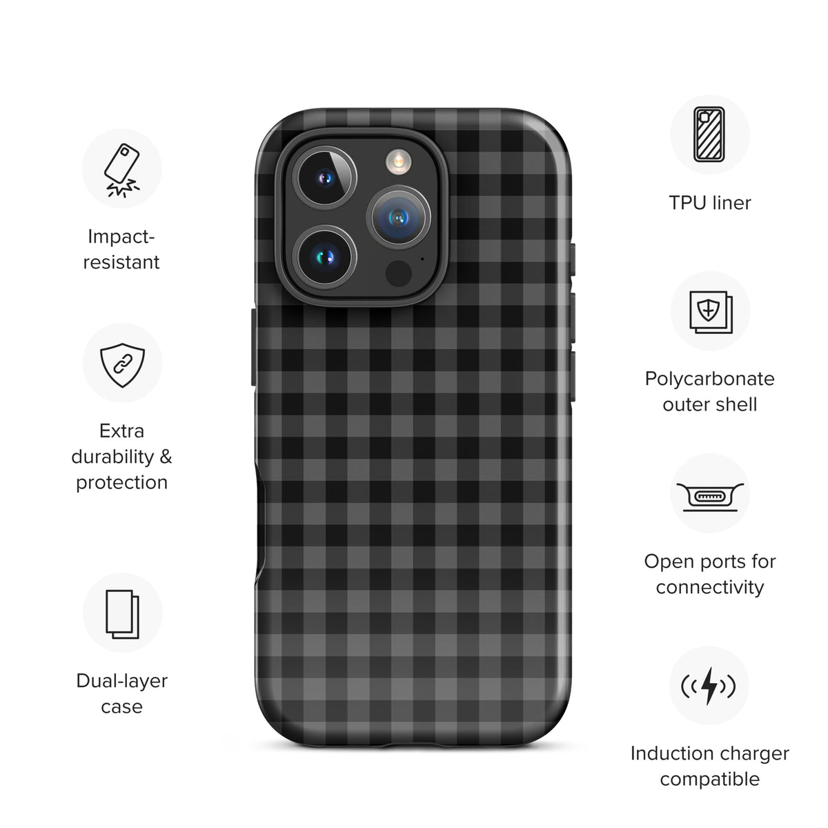 Phone Case for iPhone with black charcoal gingham pattern, impact-resistant design, features durability and polycarbonate shell.