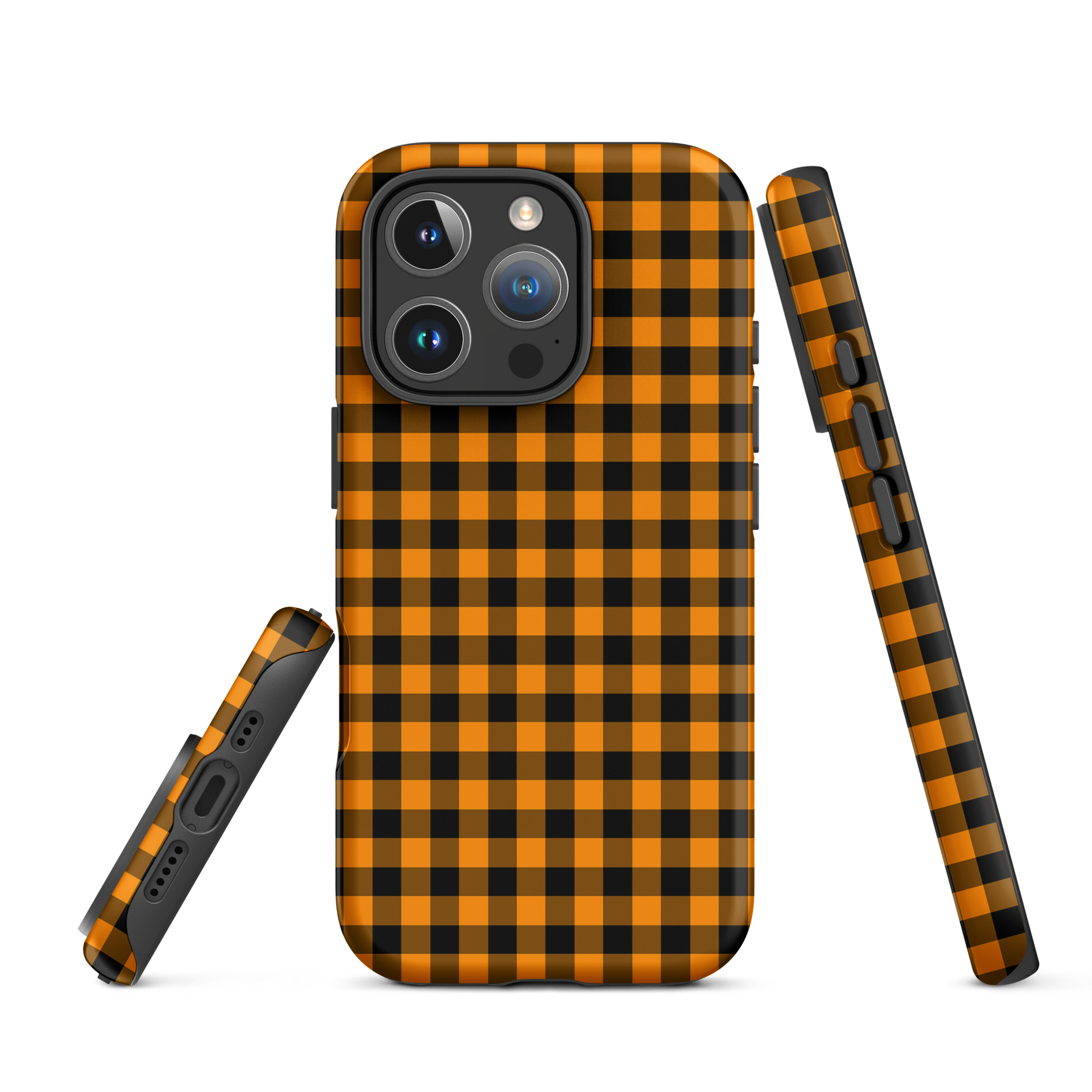 Black-and-orange gingham phone case for iPhone with durable design, perfect for Autumn/Fall themed style.