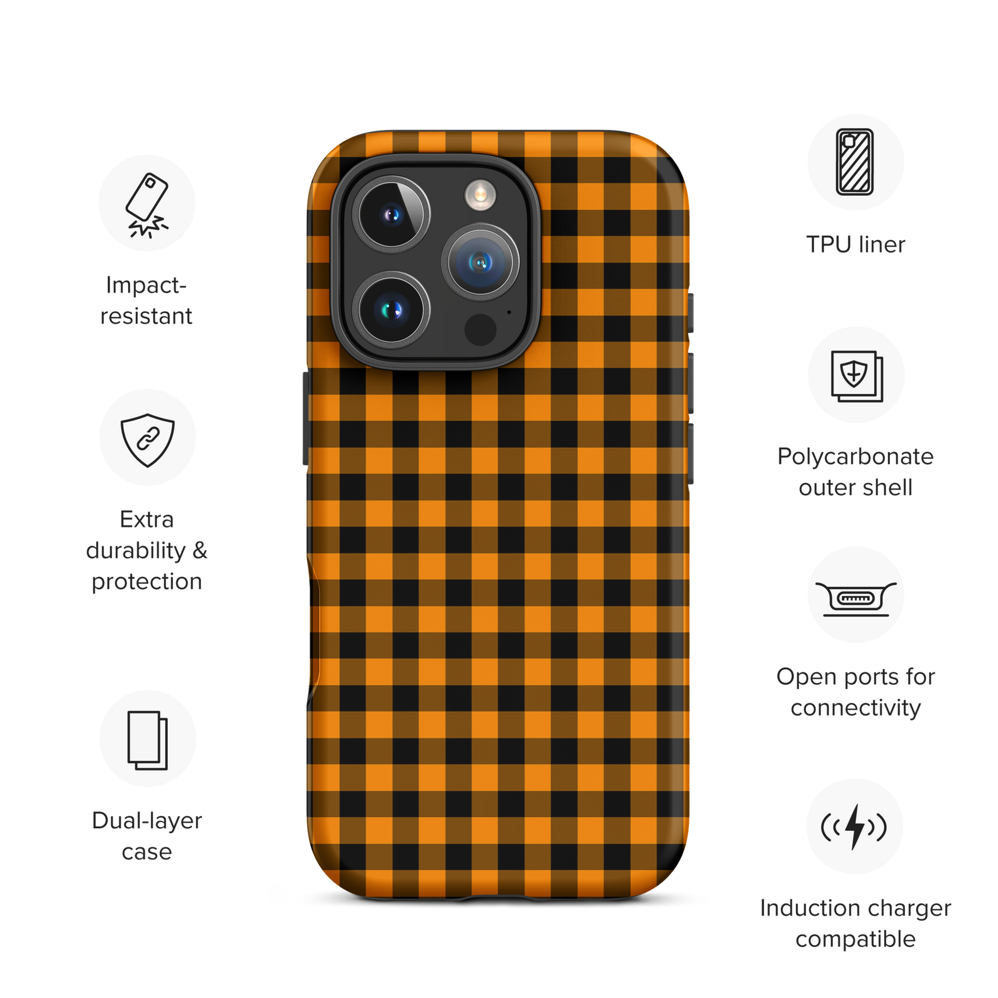 Black-and-orange gingham phone case for iPhone with autumn theme, showcasing durability and stylish design.