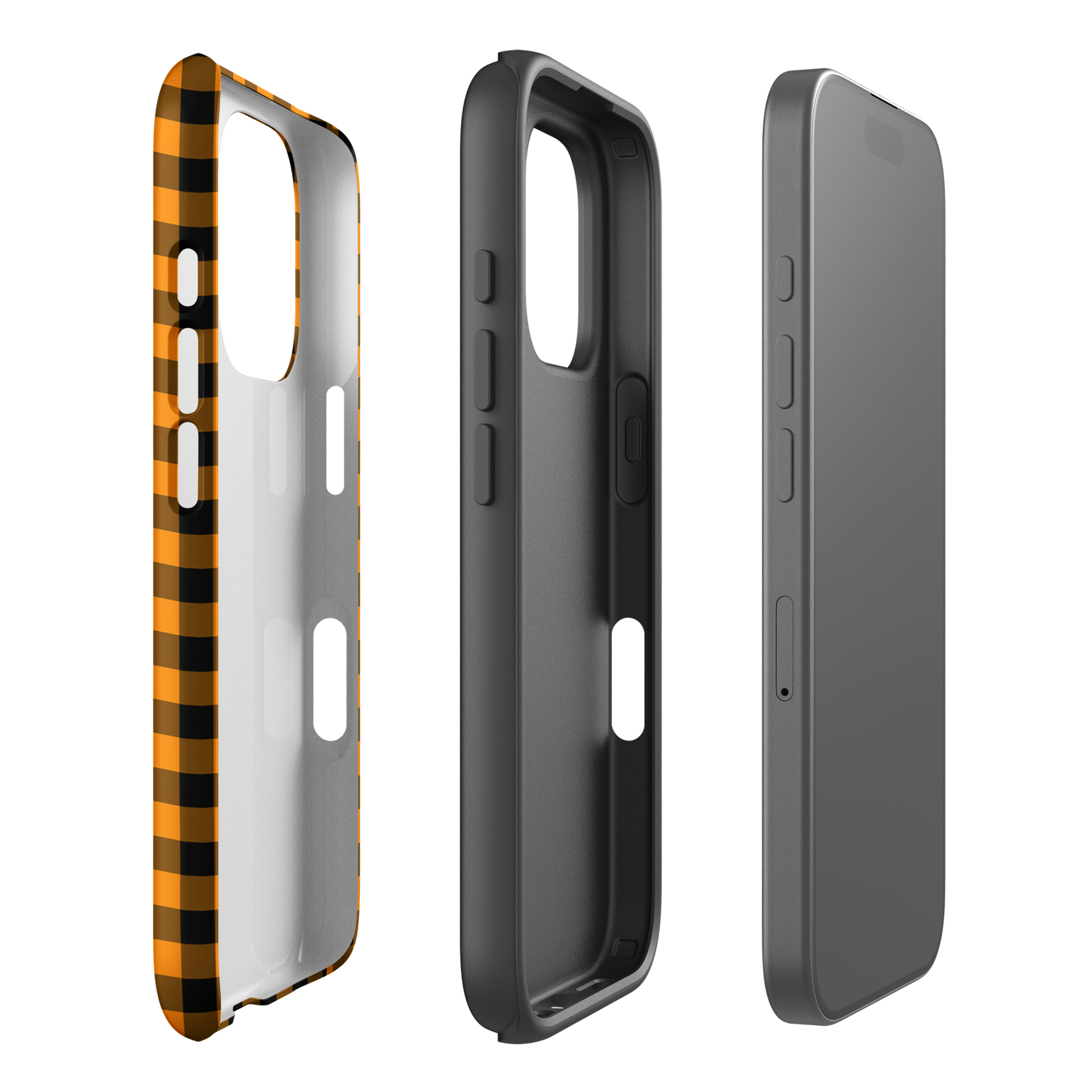 Black-and-orange gingham Autumn theme phone case for iPhone, offering stylish design and durable protection.