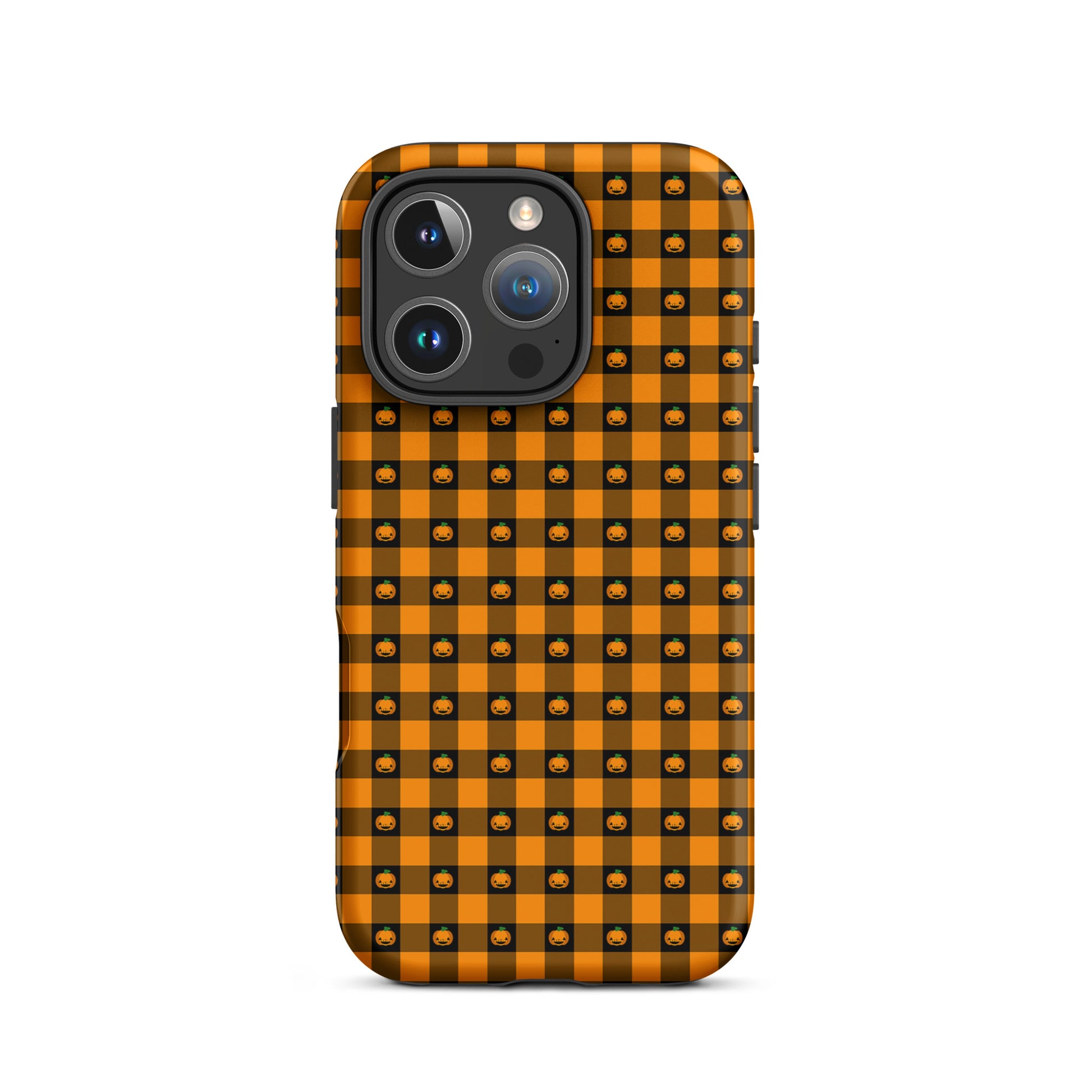 Phone Case for iPhone with playful pumpkin gingham Halloween design featuring jack-o’-lanterns and bold squares.