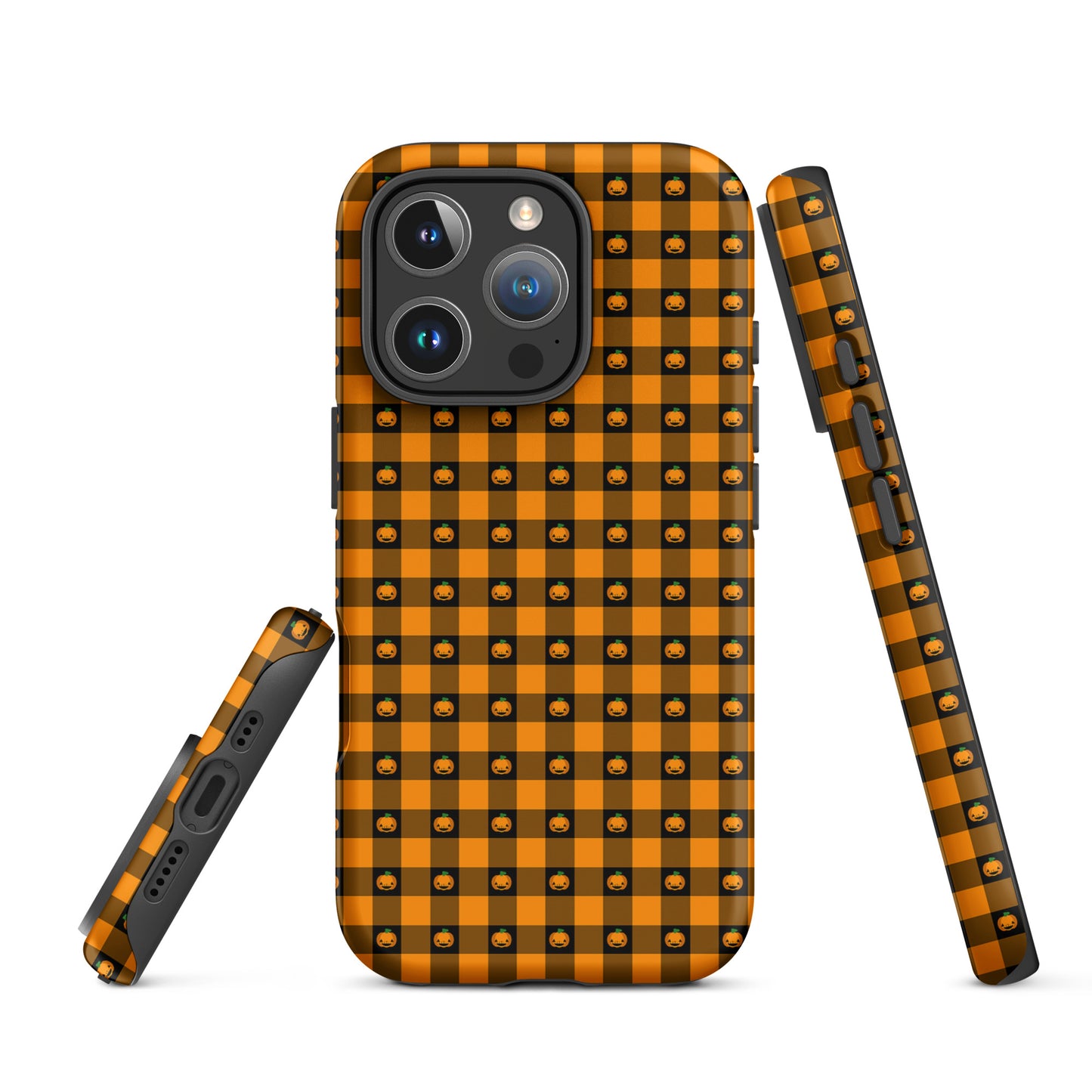 Phone Case for iPhone with playful pumpkin gingham Halloween design, featuring jack-o’-lantern faces on bold orange and black squares.