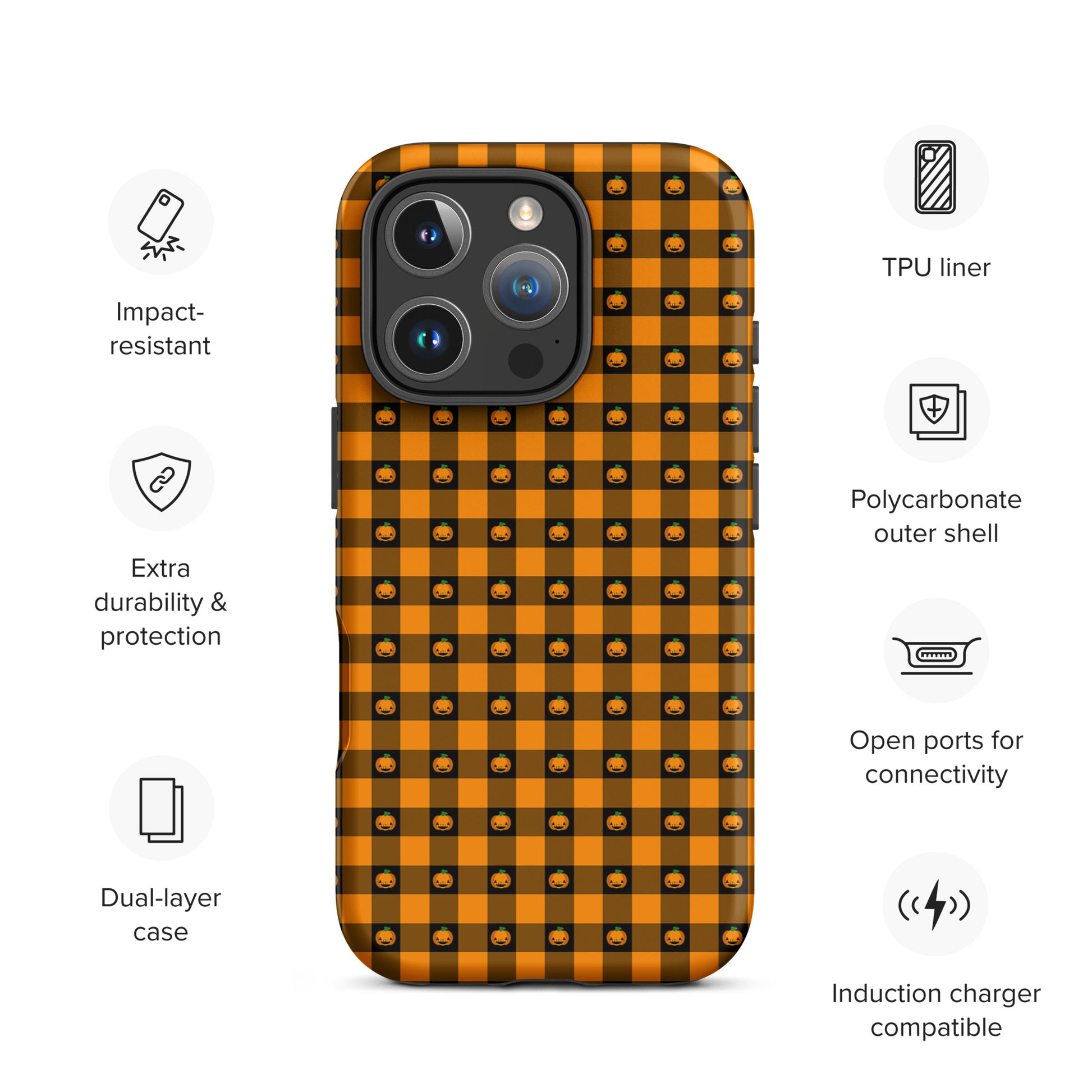 Phone Case for iPhone with Playful Pumpkin Gingham Halloween Design, featuring jack‑o’-lantern faces on a gingham background.