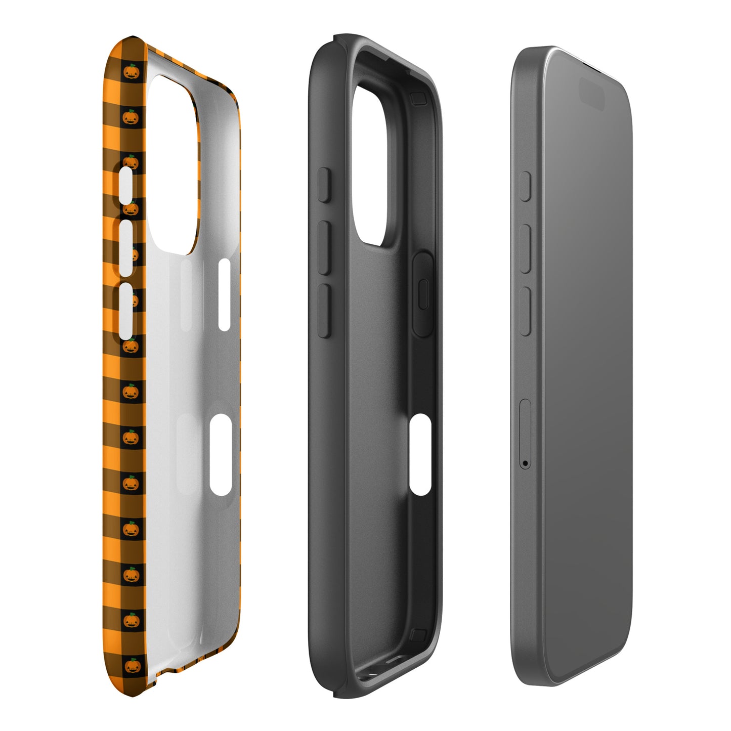 Phone Case for iPhone with playful pumpkin gingham Halloween design, showcasing front, side, and back views.