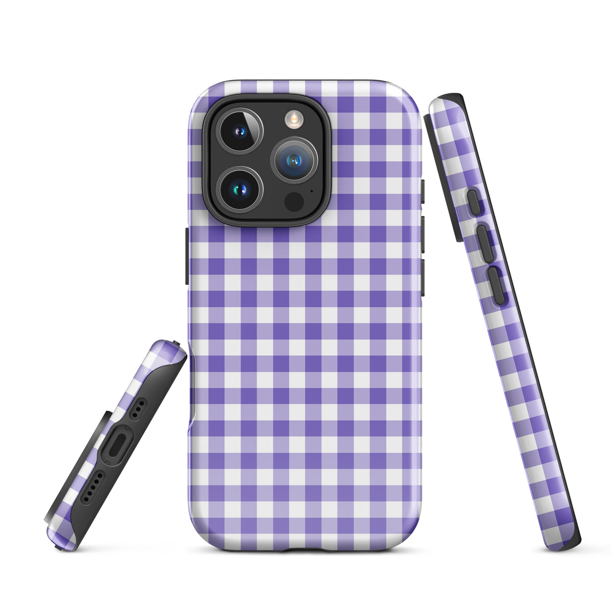 Phone Case for iPhone with purple and white gingham pattern offering chic style and protection.