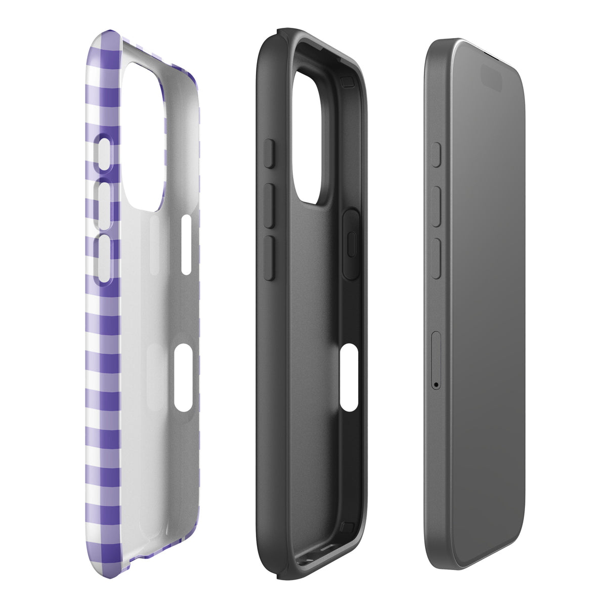 Phone Case for iPhone in purple and white gingham pattern, combines chic design with durable protection.