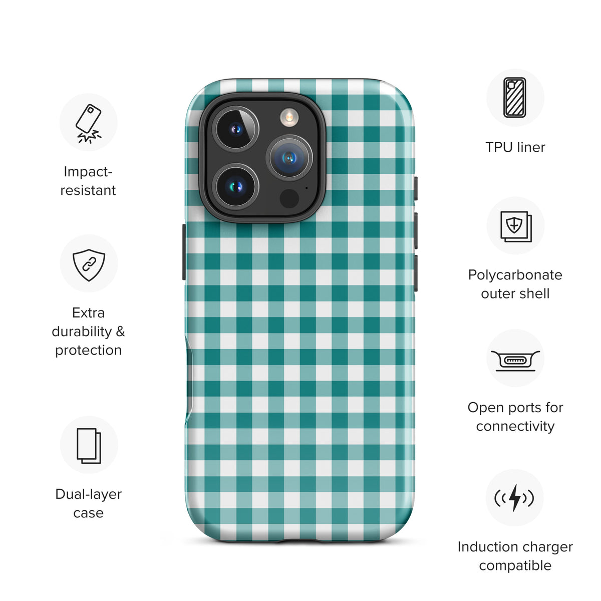 Phone Case for iPhone with teal and white gingham pattern, showcasing impact resistance and charging compatibility.