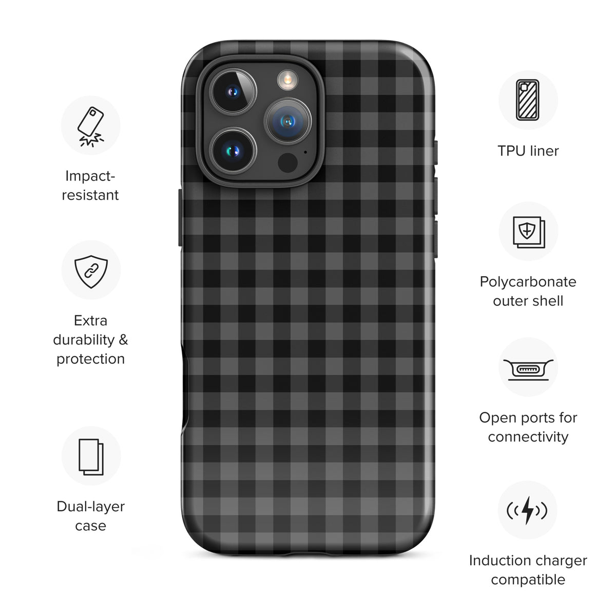 Phone Case for iPhone with black and charcoal gingham pattern, dual-layer protection, polycarbonate shell, and induction charger compatible.