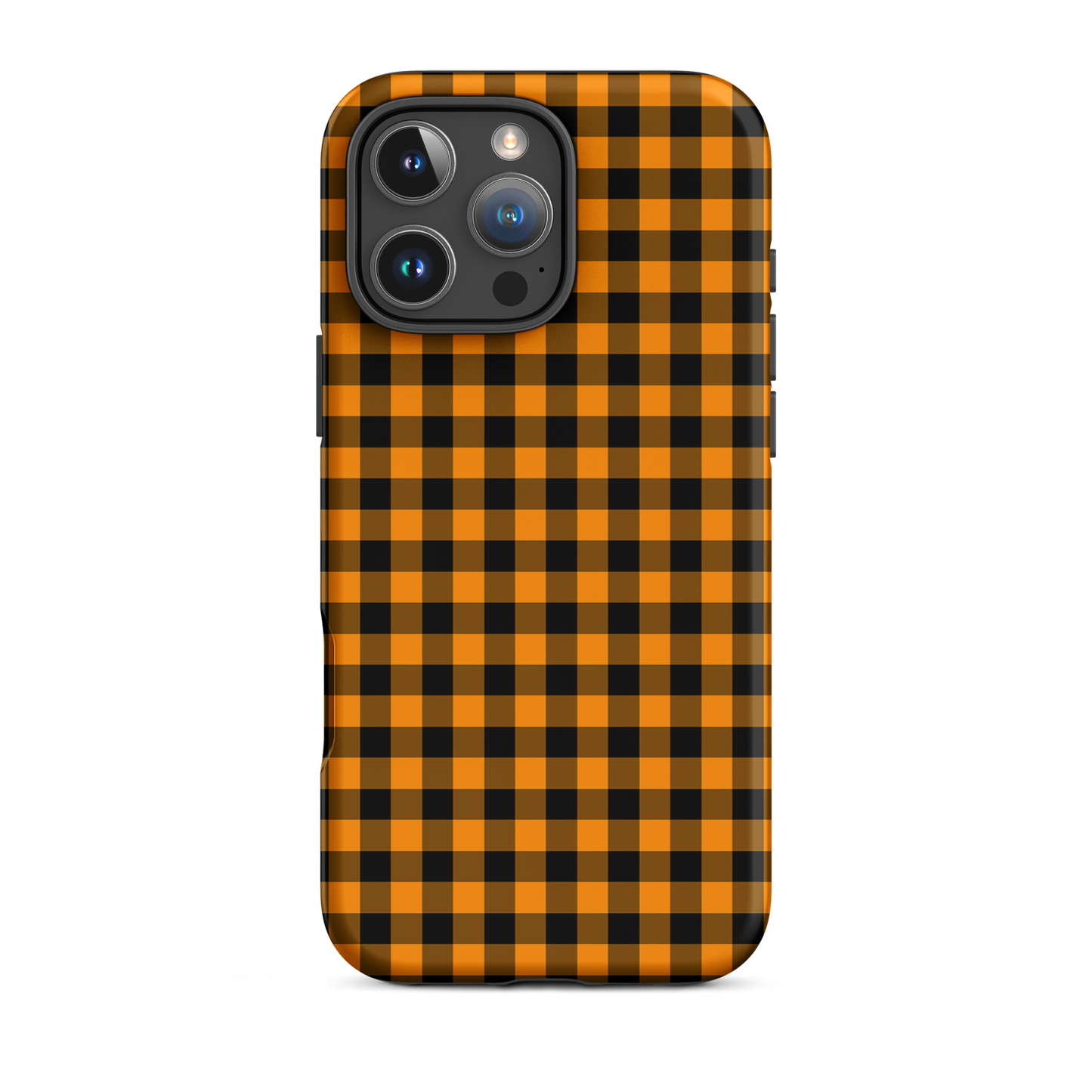 phone case with black-and-orange gingham autumn theme for iPhone, showcasing stylish design and durability.