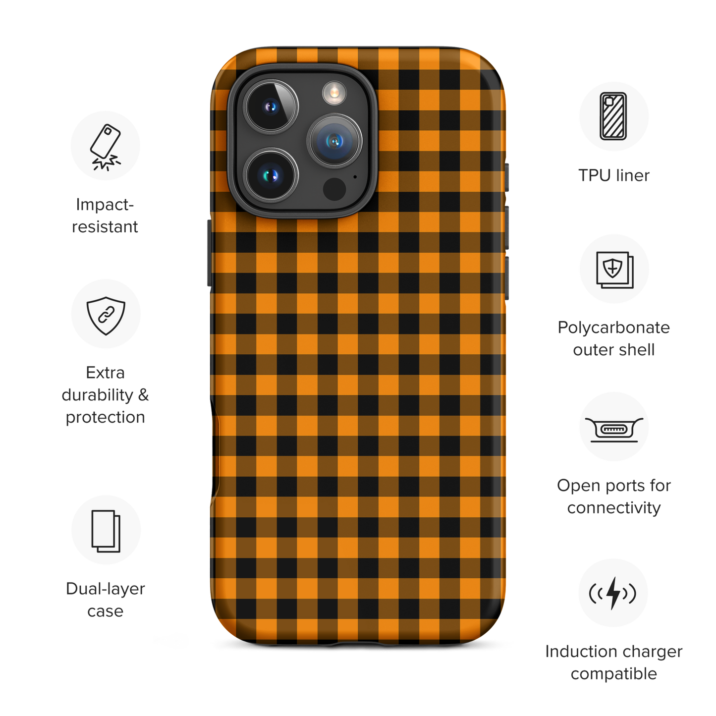Black-and-orange gingham phone case for iPhone with autumn theme and durability features.