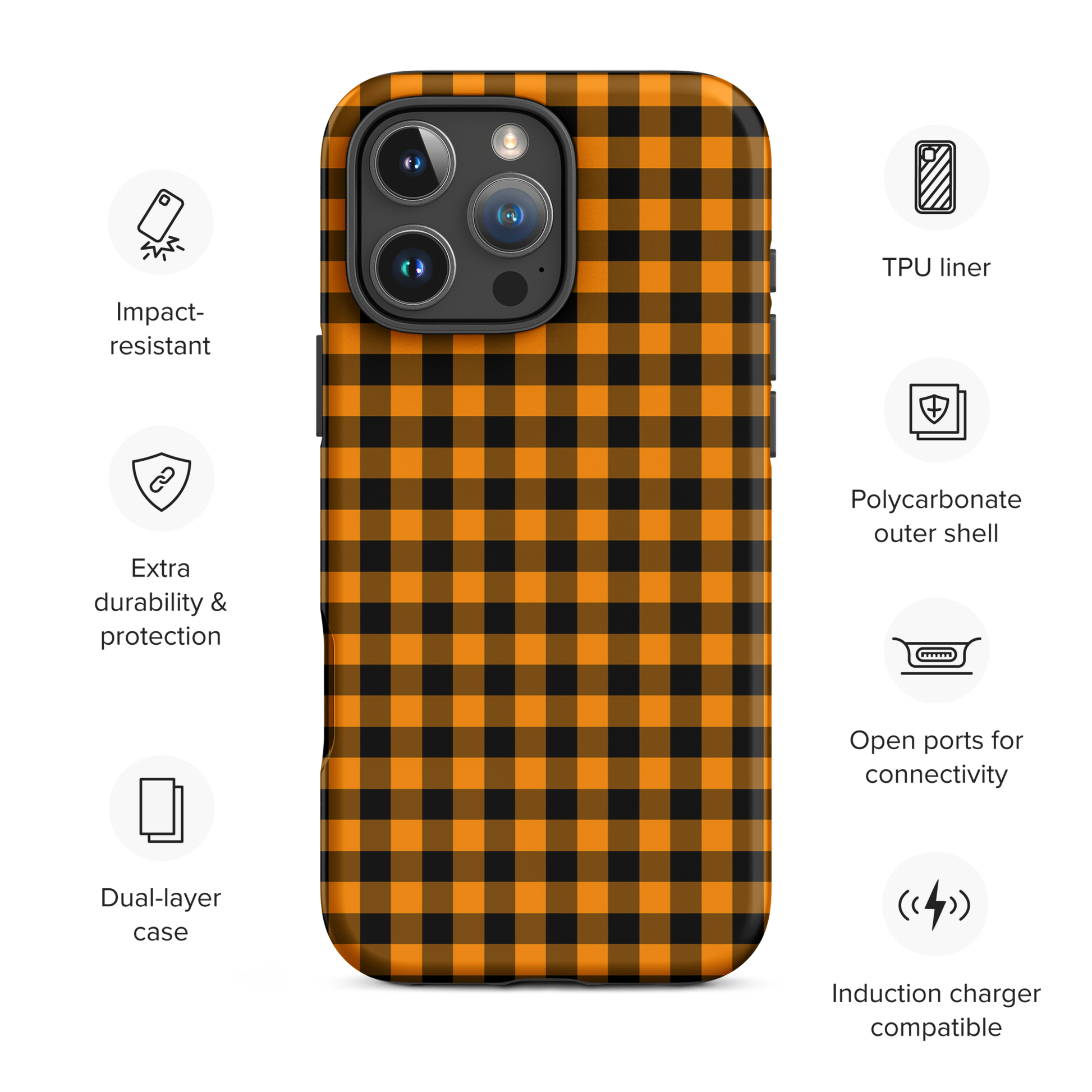 Black-and-orange gingham phone case for iPhone with autumn theme and durability features.