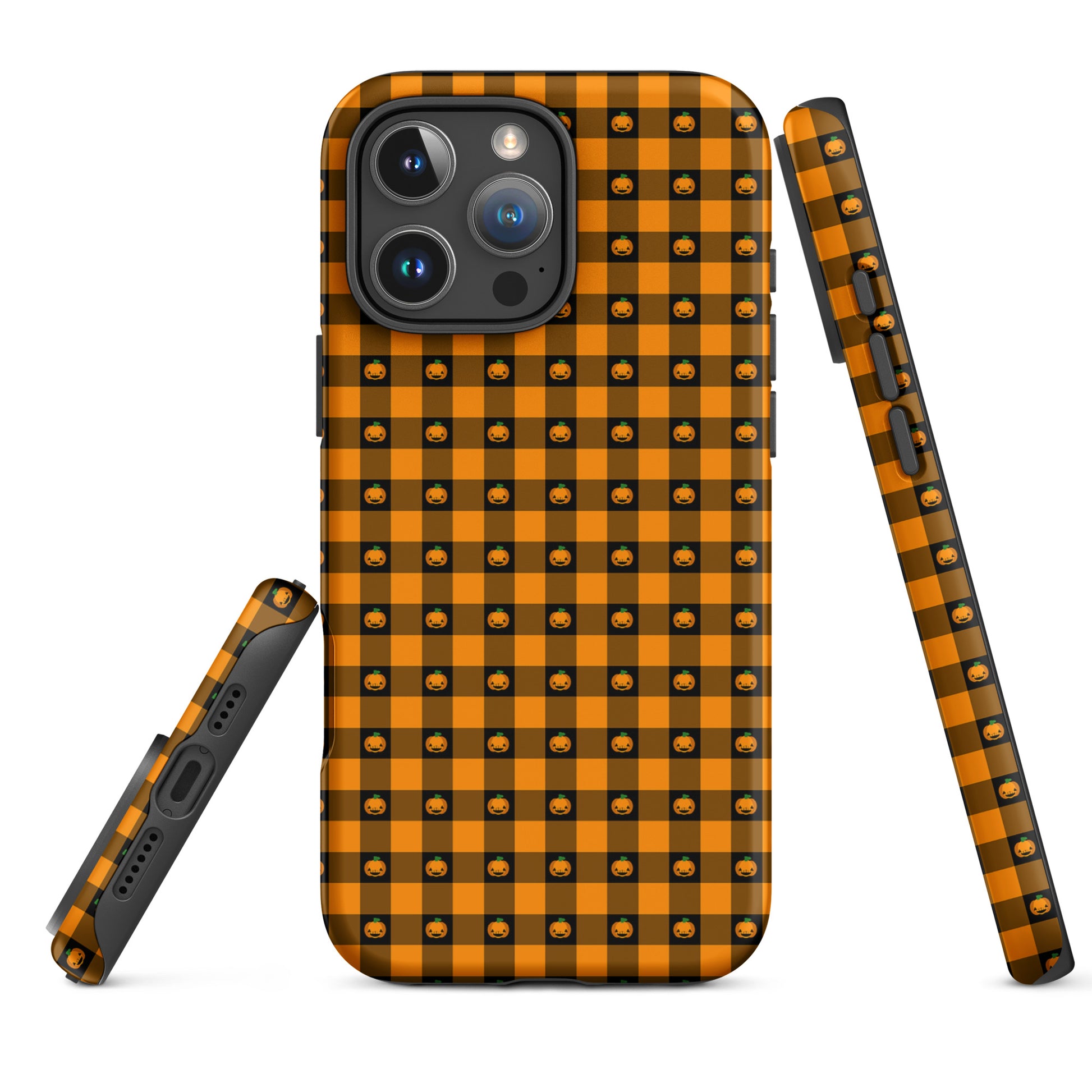 Phone Case for iPhone with playful pumpkin gingham Halloween design, featuring cute jack-o'-lanterns on a bold orange and black pattern.