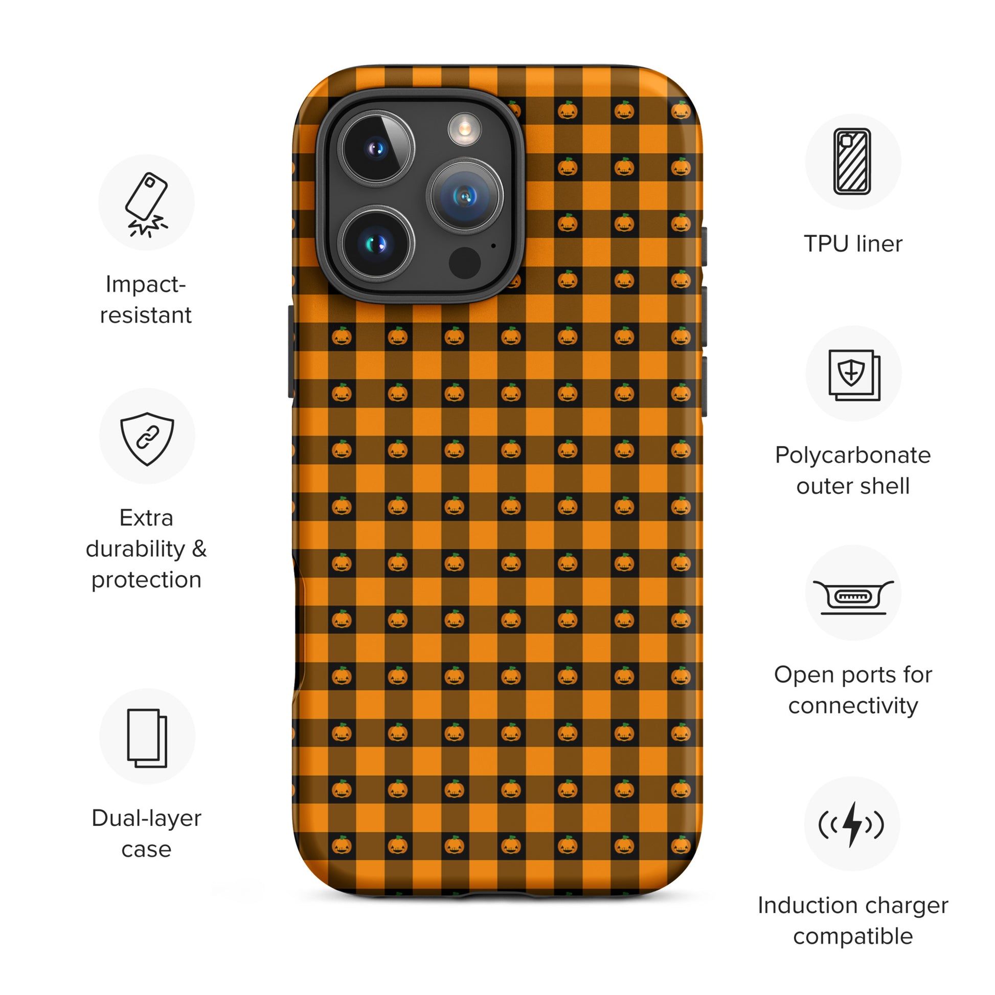 Phone Case for iPhone with playful pumpkin gingham Halloween design, featuring jack-o’-lanterns, impact-resistant dual-layer protection.