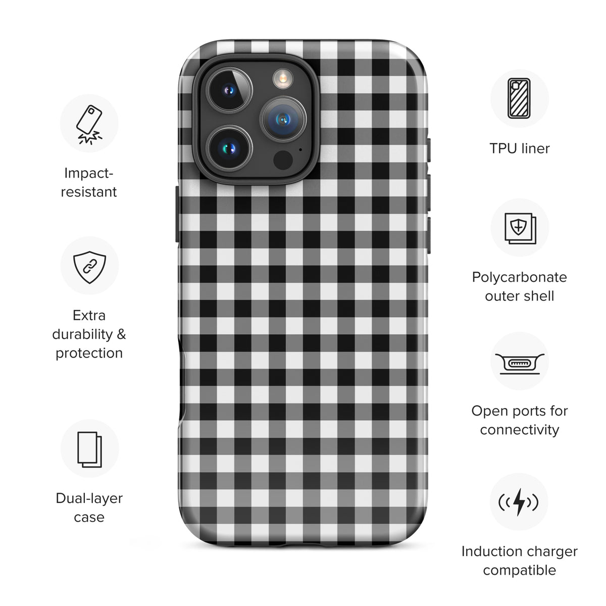 Phone Case for iPhone with black-and-white gingham pattern offering protection, dual-layer case, and induction charger compatibility.