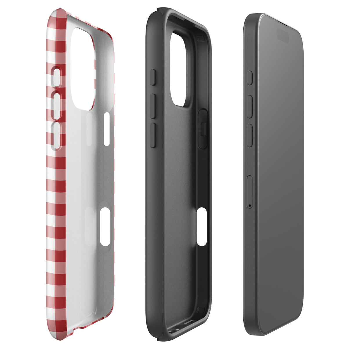 Phone Case for iPhone with red-and-white gingham pattern showing front, back, and side views