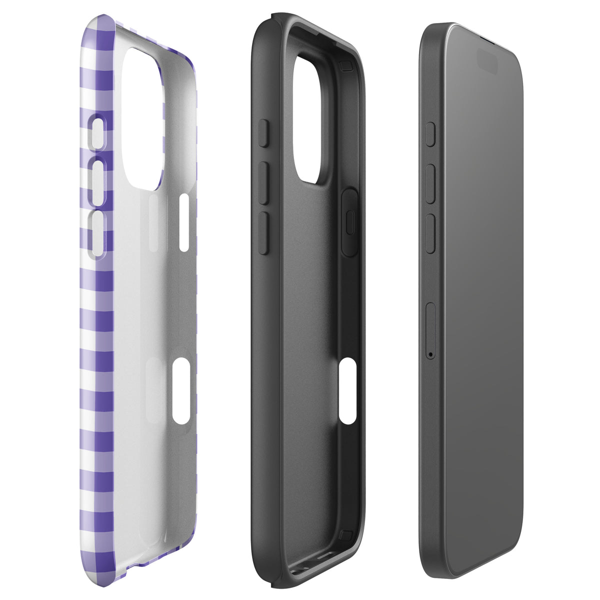 Phone Case for iPhone with purple and white gingham pattern, showcasing stylish and durable design
