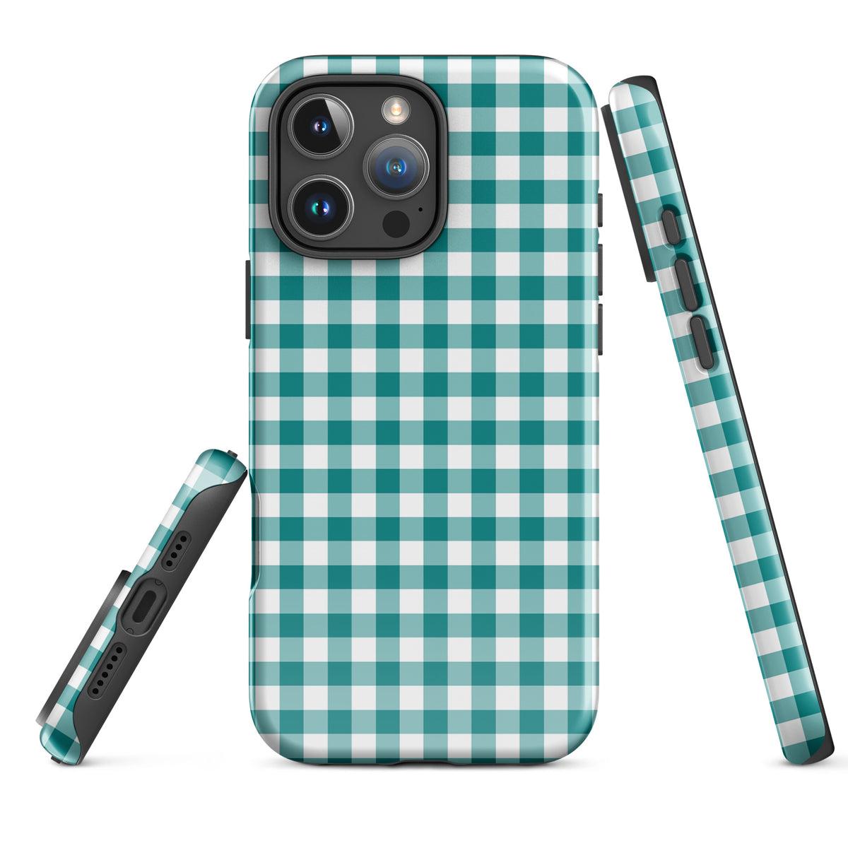 Phone Case for iPhone with teal and white gingham pattern, offering stylish protection and upscale craftsmanship.