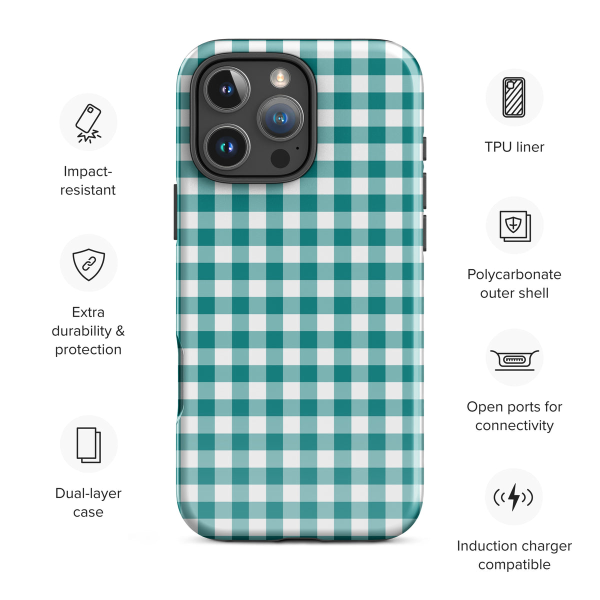 Phone Case with teal and white gingham pattern for iPhone, impact-resistant and durable design.