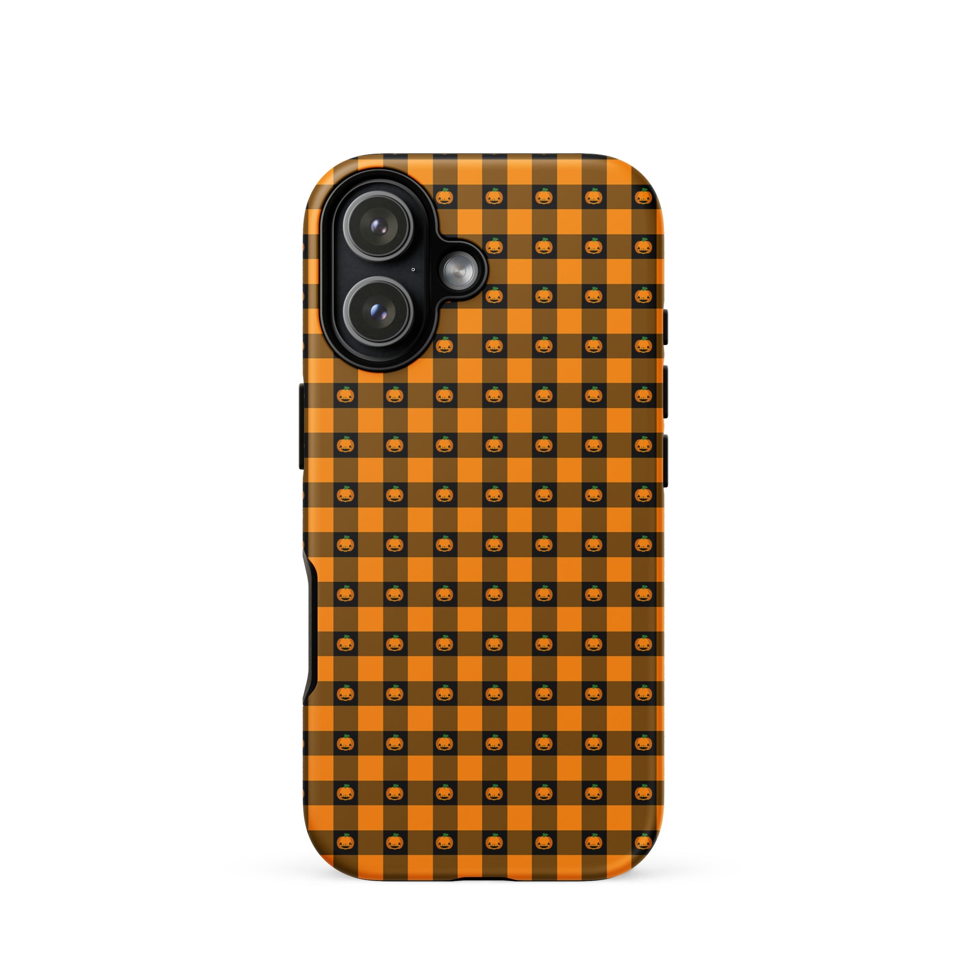 Phone Case for iPhone with playful pumpkin gingham Halloween design, featuring jack‑o’-lantern faces for a festive look.
