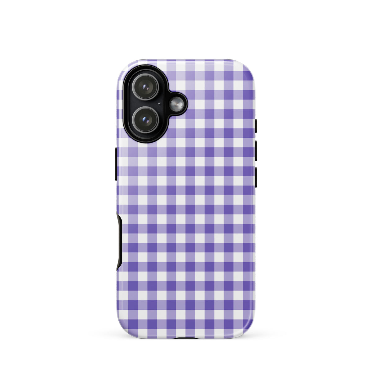 Phone Case for iPhone in purple and white gingham pattern, stylish and durable design offers charm and protection.