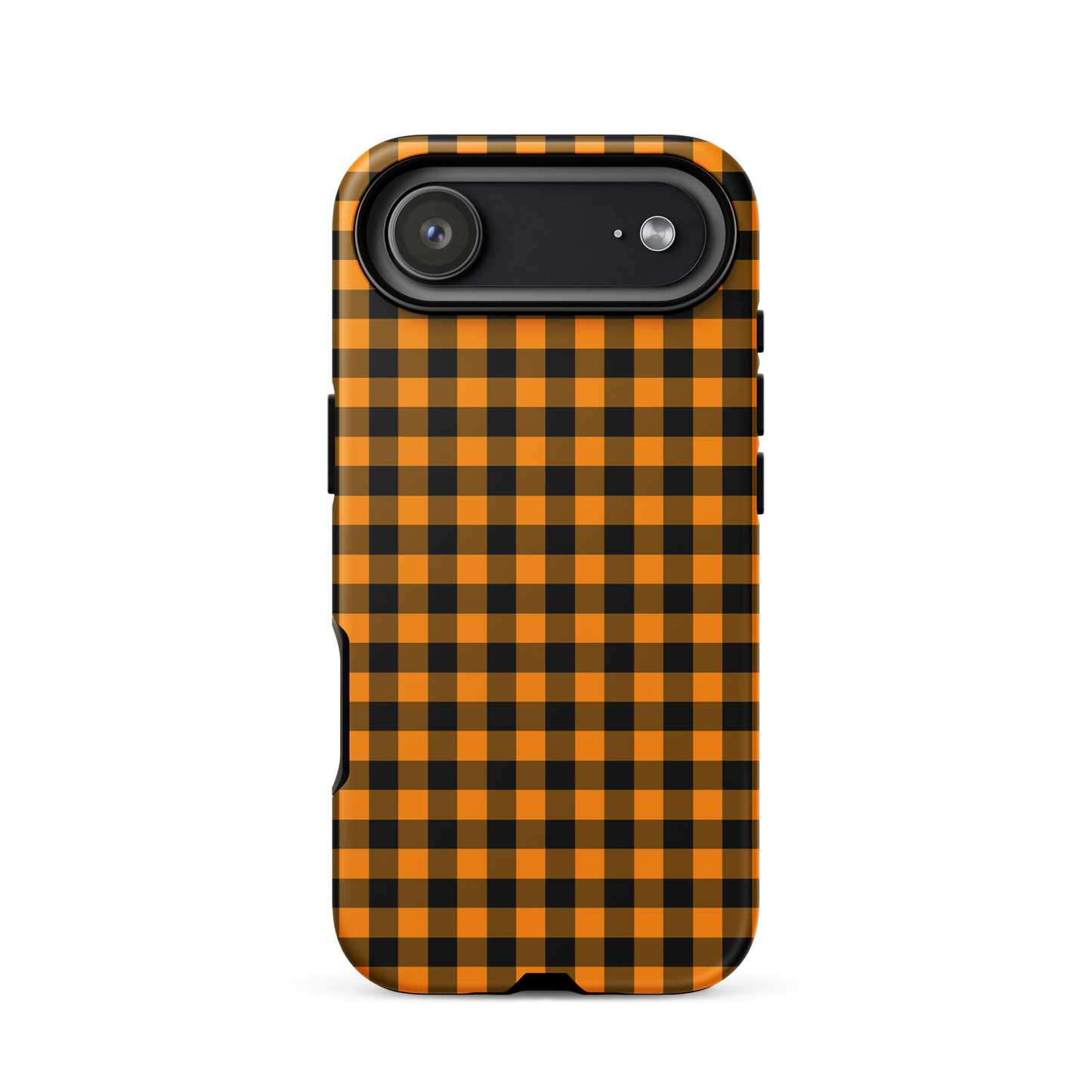 phone case with black-and-orange gingham Autumn theme for iPhone, stylish accessory with durable design