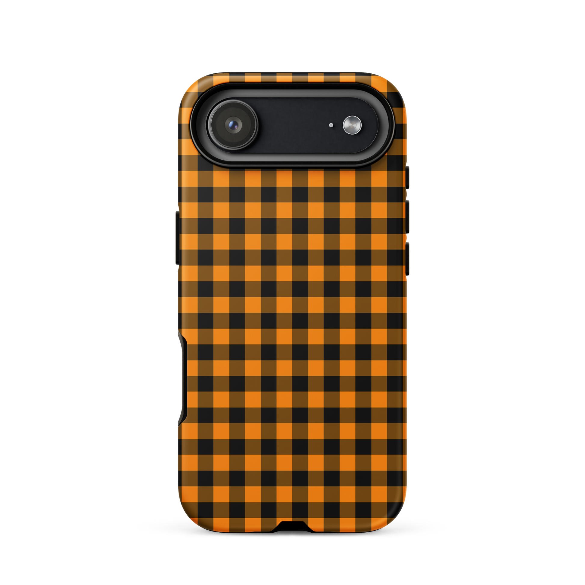 phone case with black-and-orange gingham Autumn theme for iPhone, stylish accessory with durable design