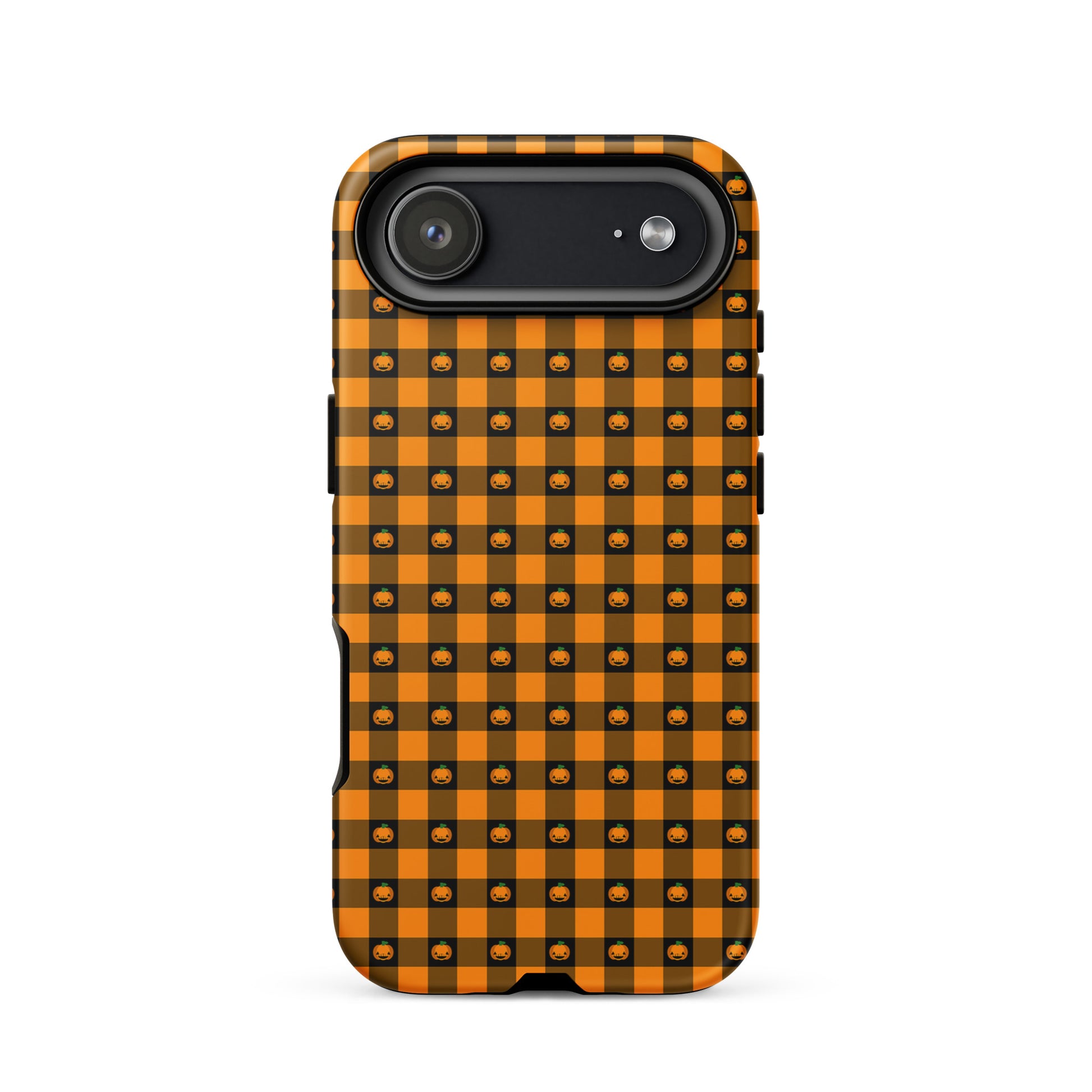 Phone Case for iPhone with playful pumpkin gingham Halloween design featuring jack-o’-lantern faces on black and orange checkered pattern.