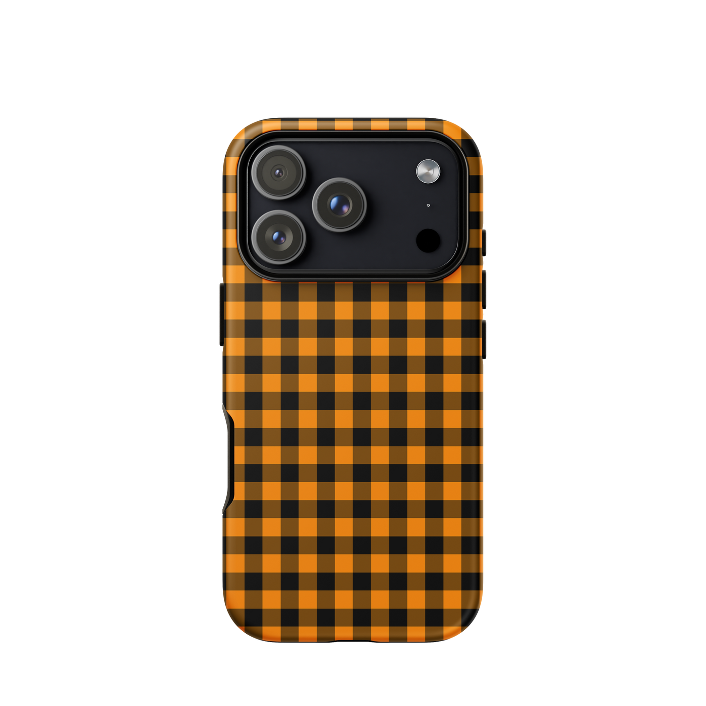 phone case with black-and-orange gingham autumn theme for iPhone