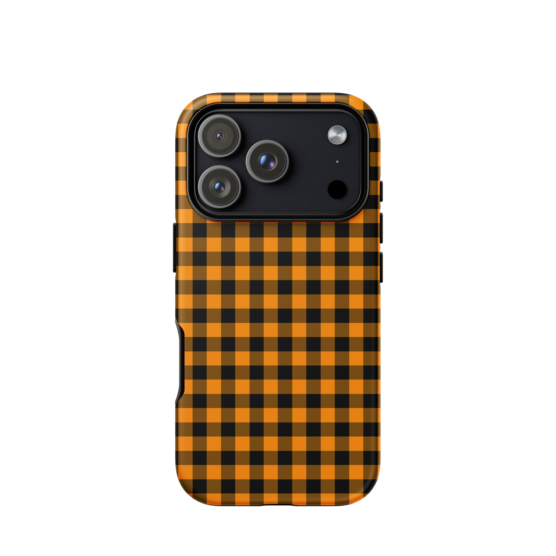 phone case with black-and-orange gingham autumn theme for iPhone