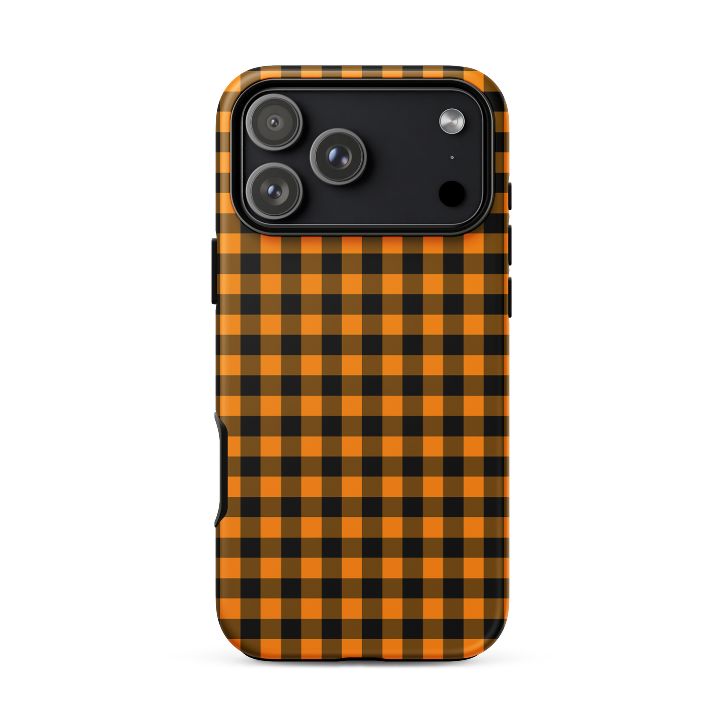 Black-and-orange gingham phone case for iPhone with Autumn theme, offering stylish design and durability.