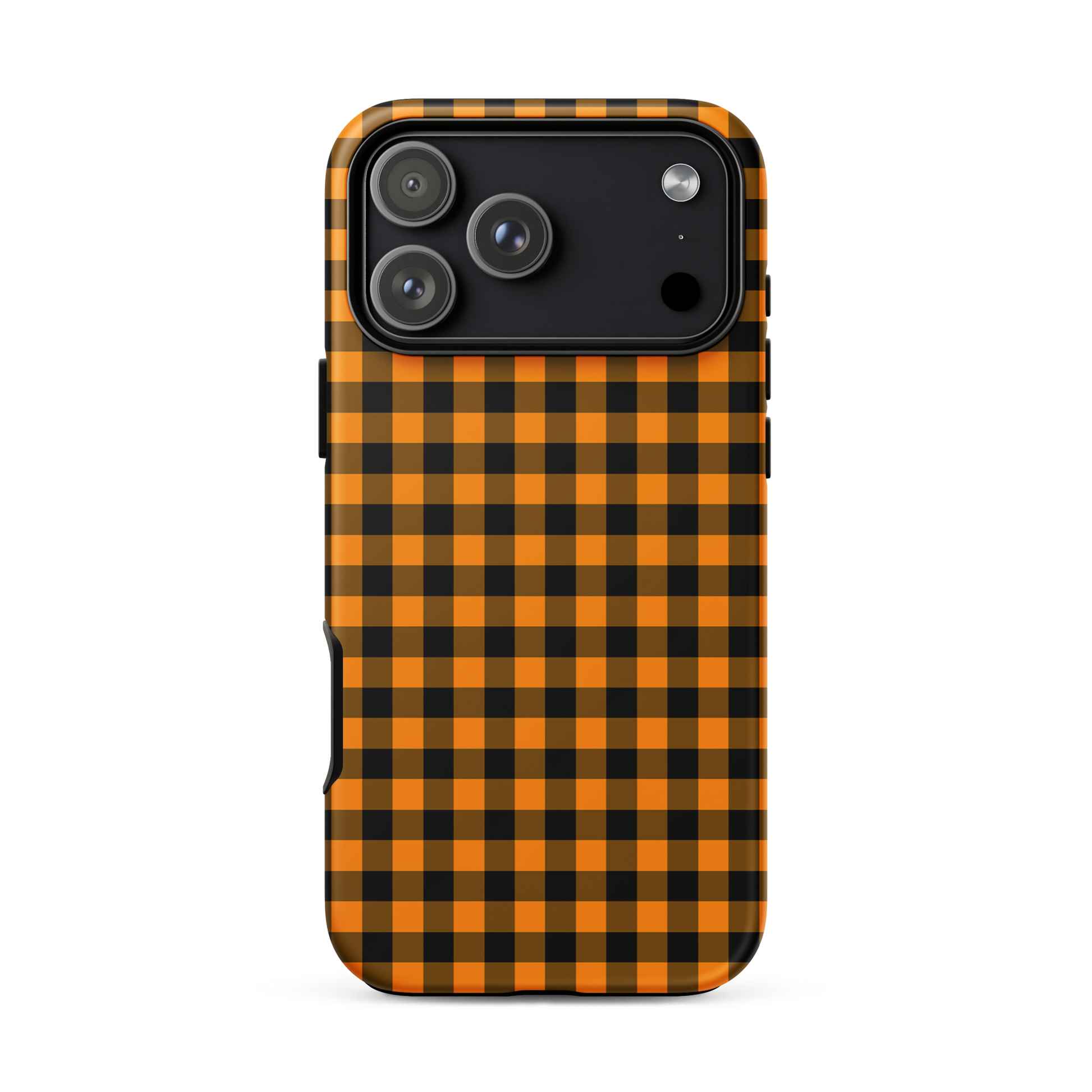 Black-and-orange gingham phone case for iPhone with Autumn theme, offering stylish design and durability.