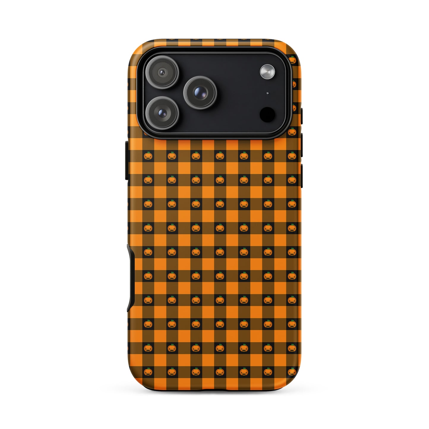 Phone Case for iPhone with playful pumpkin gingham Halloween design, featuring jack‑o’-lantern faces on a bold checkered pattern.