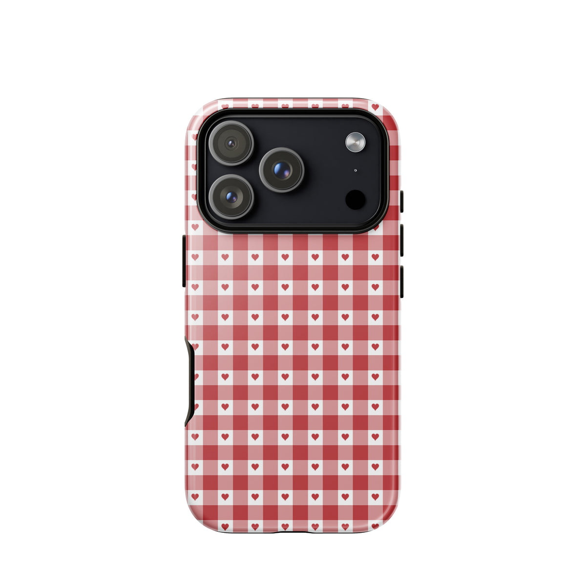 Phone Case with red-and-white gingham and hearts for iPhone, stylish and durable cover design.