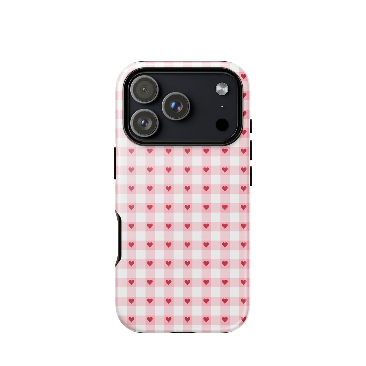 Phone Case with pink-and-white gingham and heart pattern for iPhone, chic and durable design.