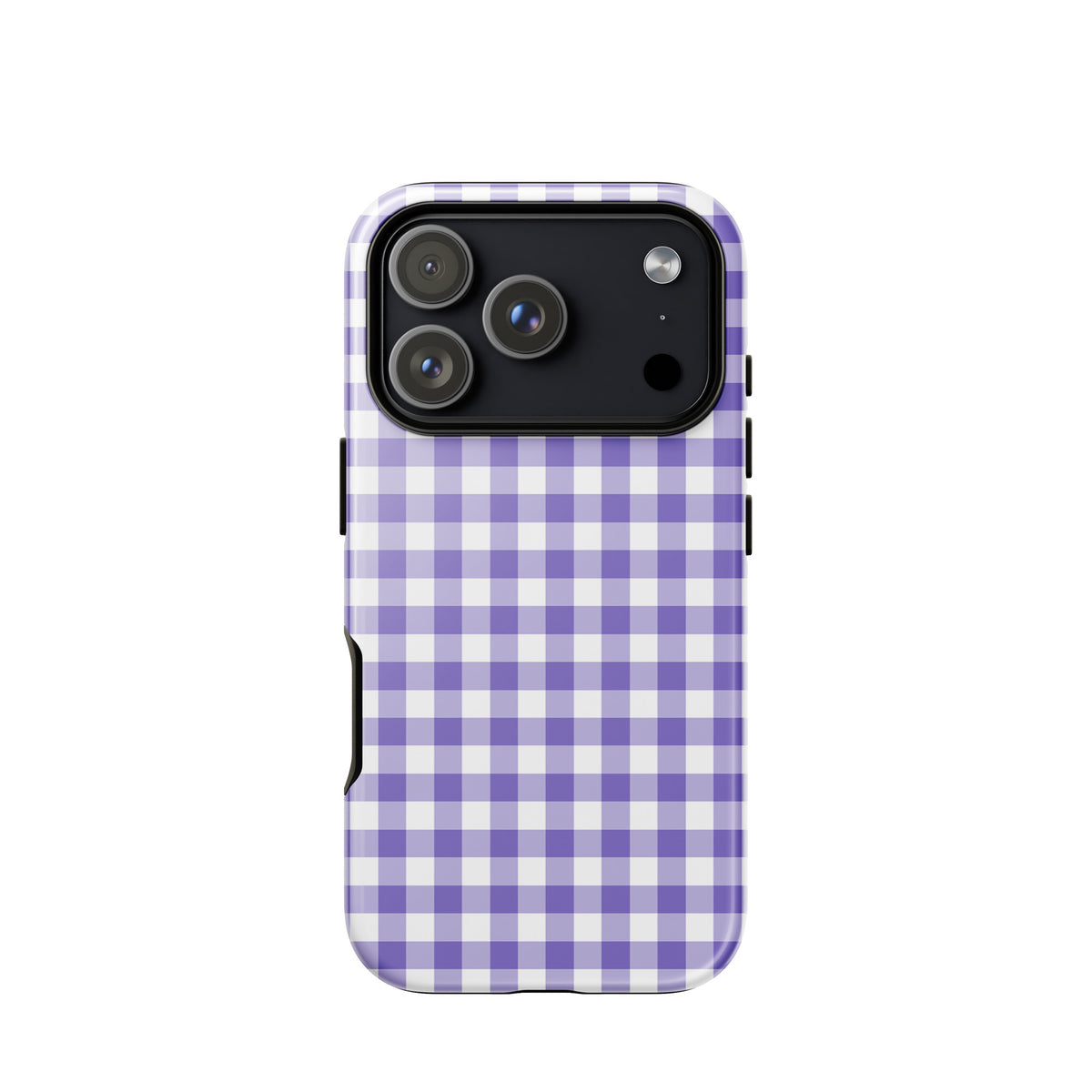 Phone Case with purple and white gingham pattern for iPhone offering chic style and durable protection.