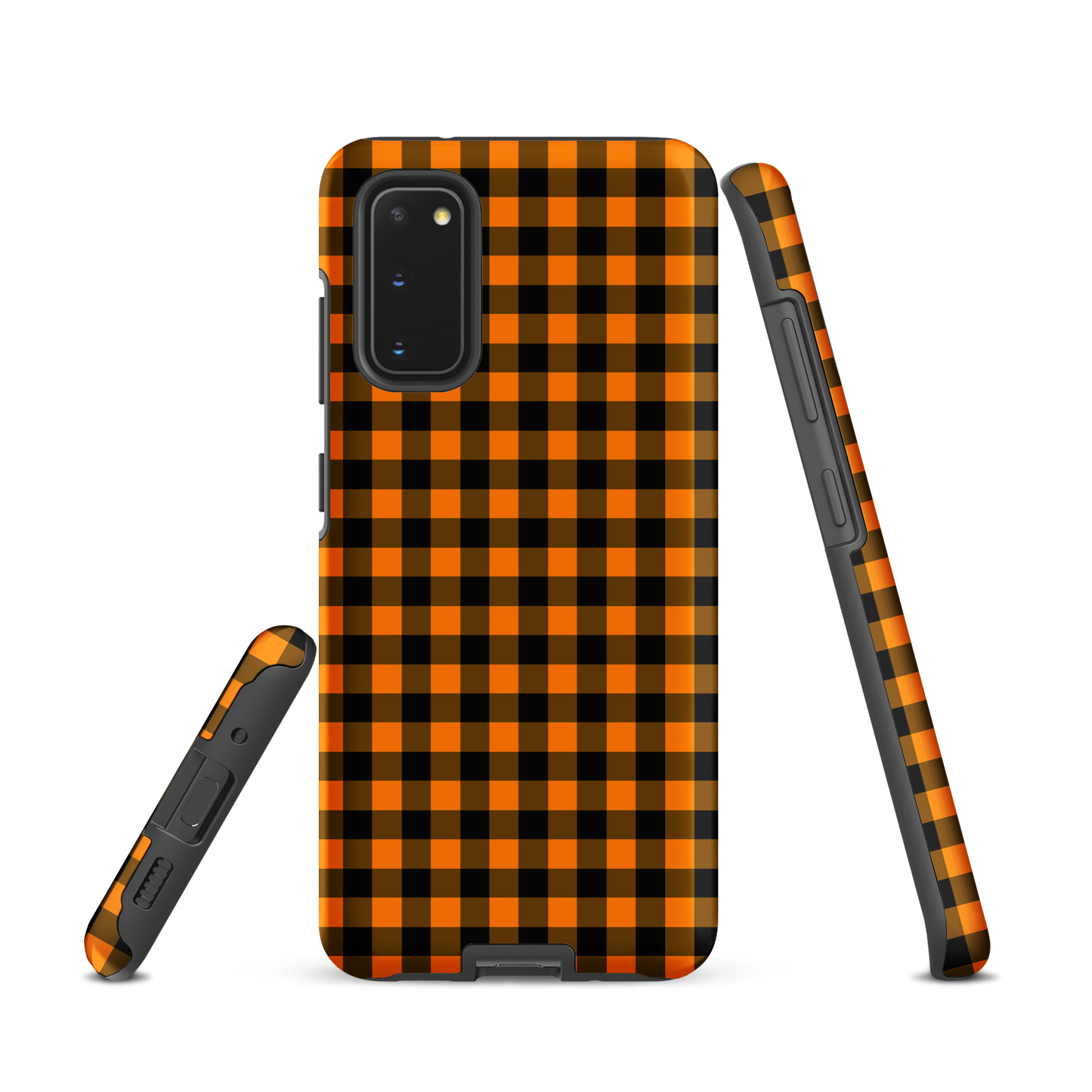Black-and-orange gingham pattern phone case for Samsung Galaxy with autumn theme, stylish and durable.