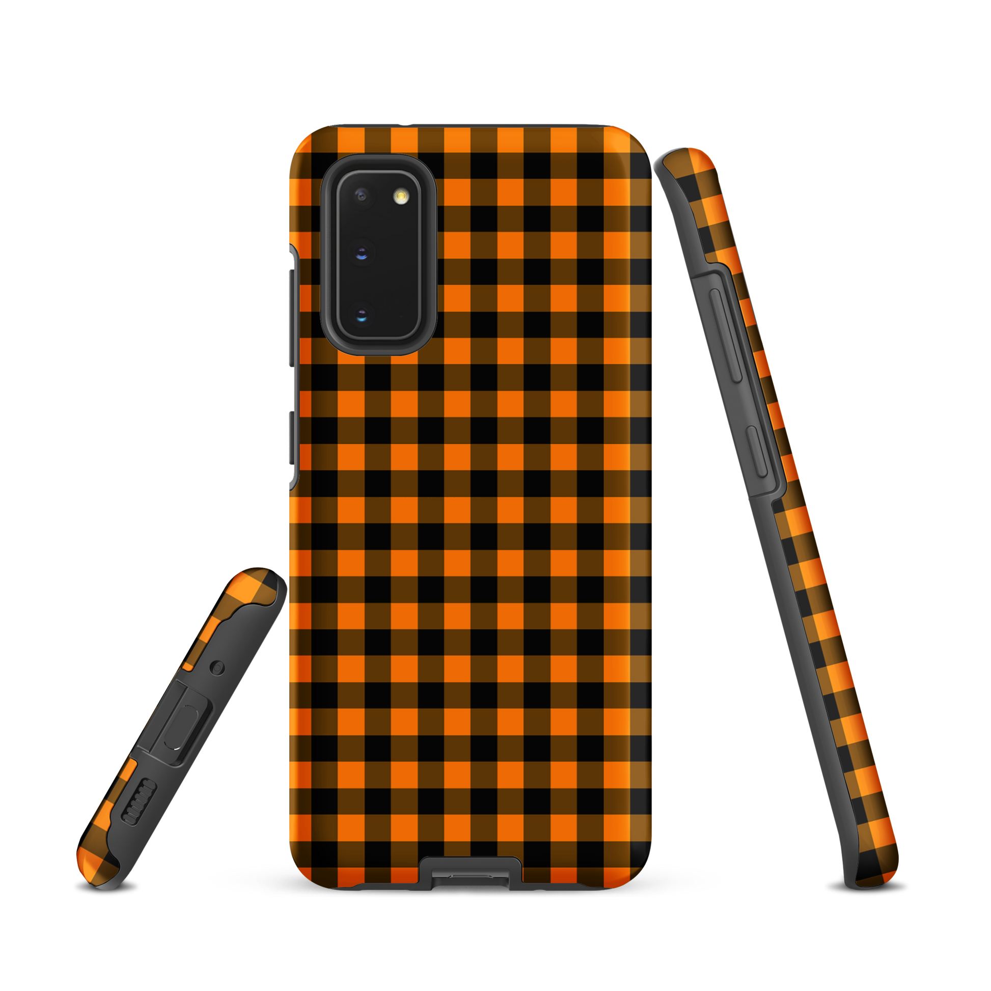 Black-and-orange gingham pattern phone case for Samsung Galaxy with autumn theme, stylish and durable.