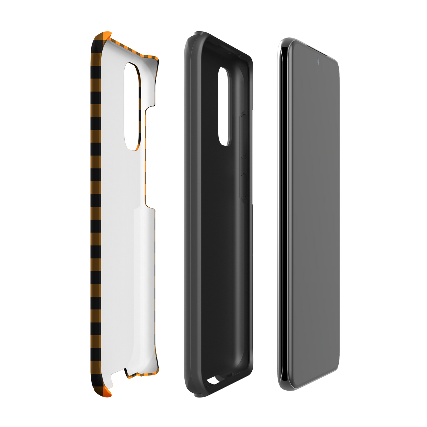 Phone case for Samsung Galaxy in black-and-orange gingham pattern showcasing modern Autumn theme with durable design