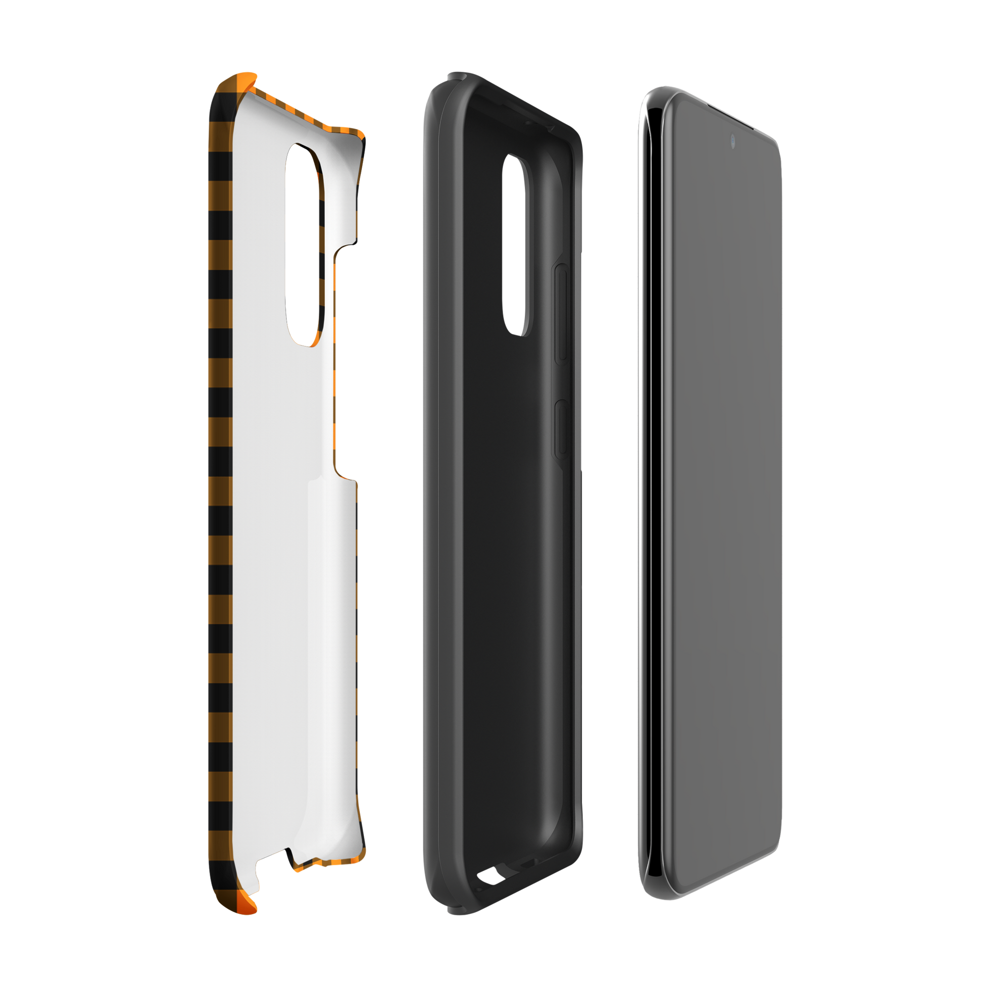 Phone case for Samsung Galaxy in black-and-orange gingham pattern showcasing modern Autumn theme with durable design
